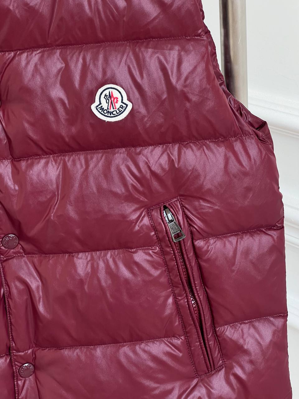 Moncler Burgundy Shiny Nylon Stand Collar Light Down Gilet Vest