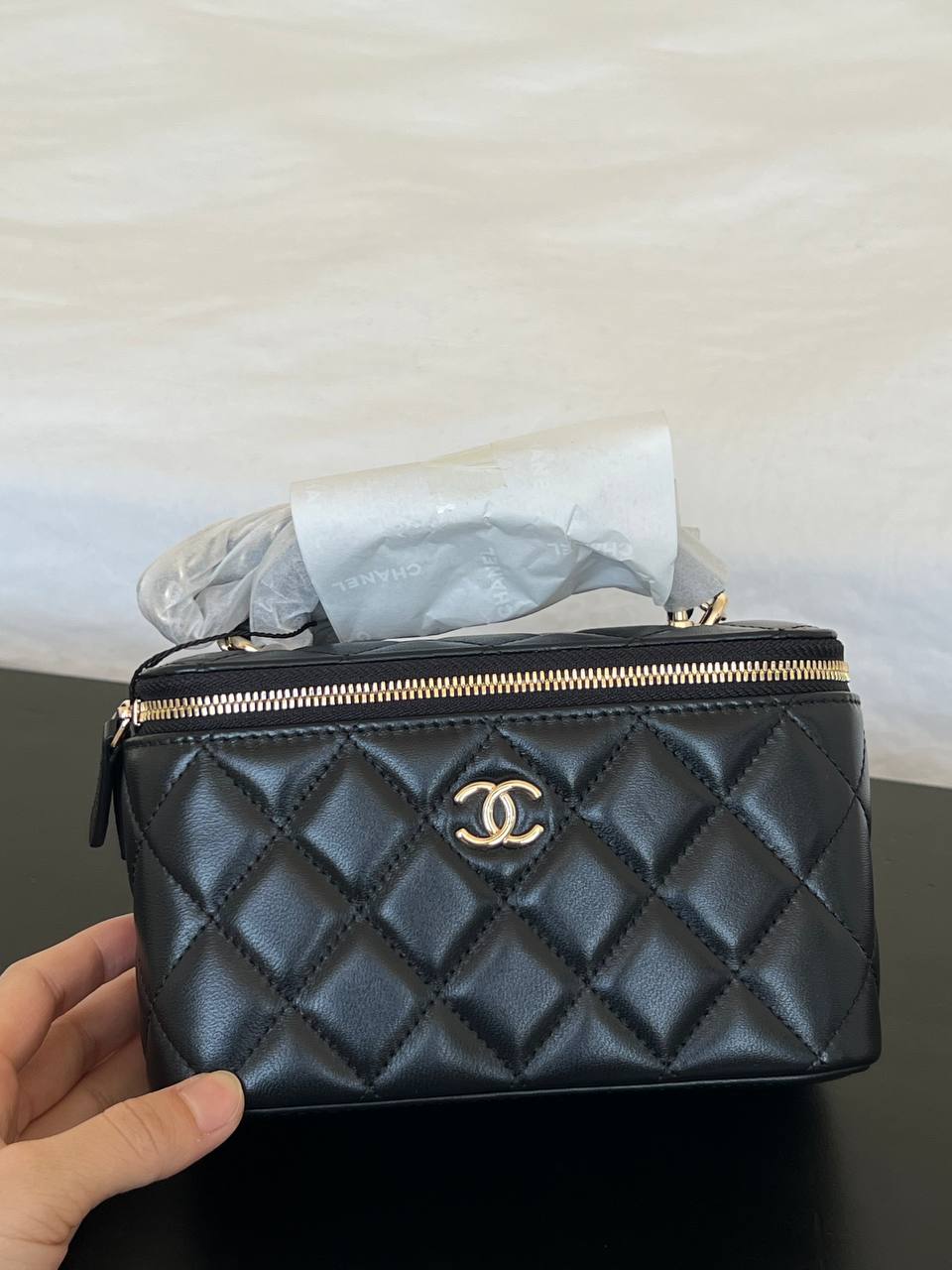 Chanel Black Lambskin Quilted Cosmetic Vanity Case