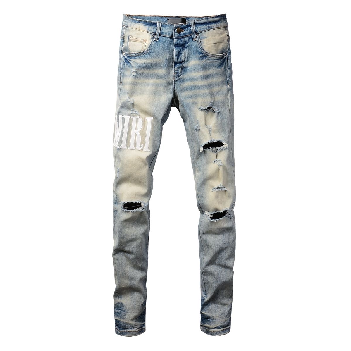 No. 8893 White Letters Ripped Jeans Blue