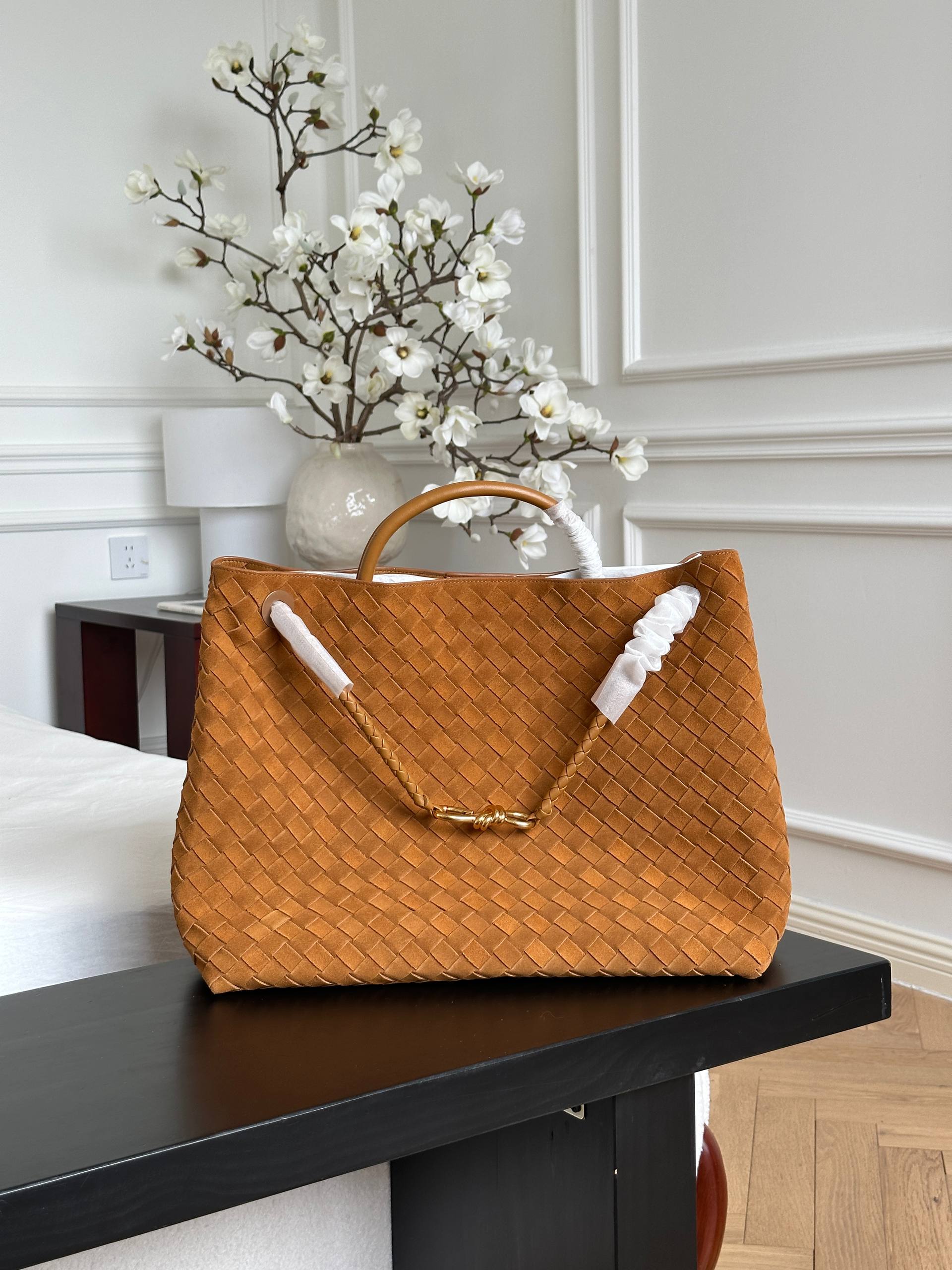 Bottega Veneta Caramel Suede Intrecciato Woven Andiamo Large Tote Bag