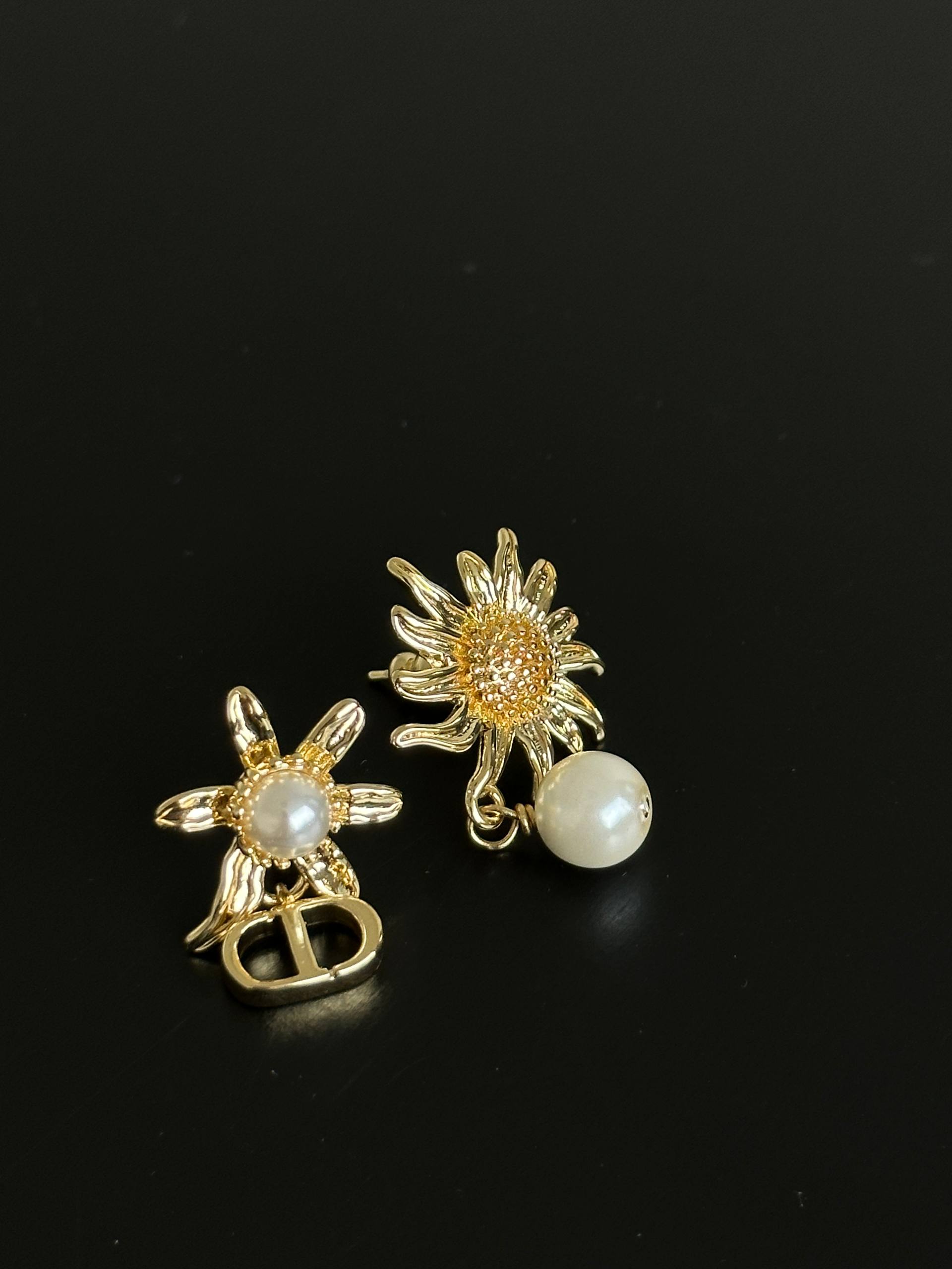 Dior Vintage Gold Asymmetric Daisy Pearl CD Logo Earrings