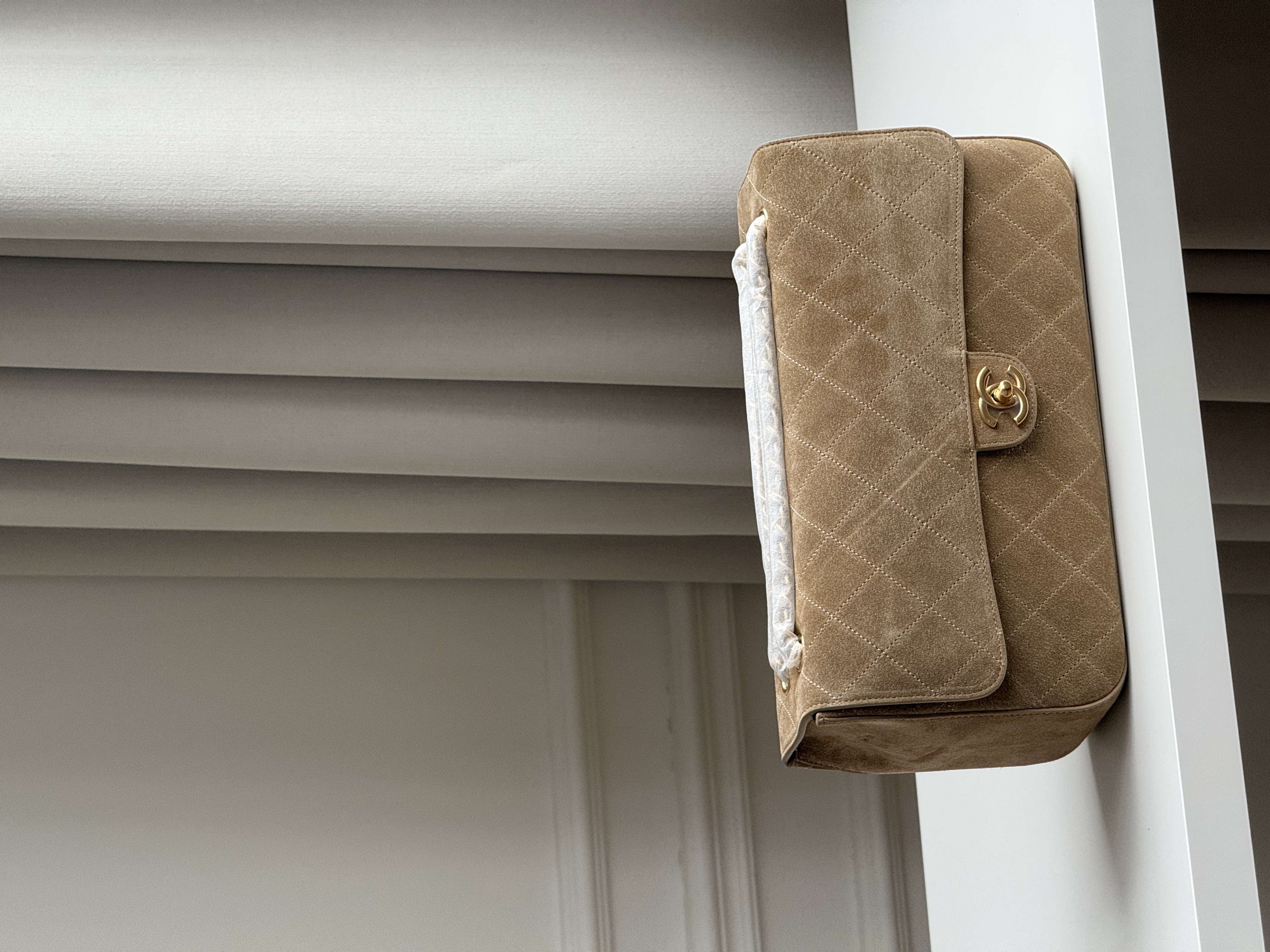 Chanel Light Camel Suede Diamond Quilted Classic Flap Baguette Shoulder Bag