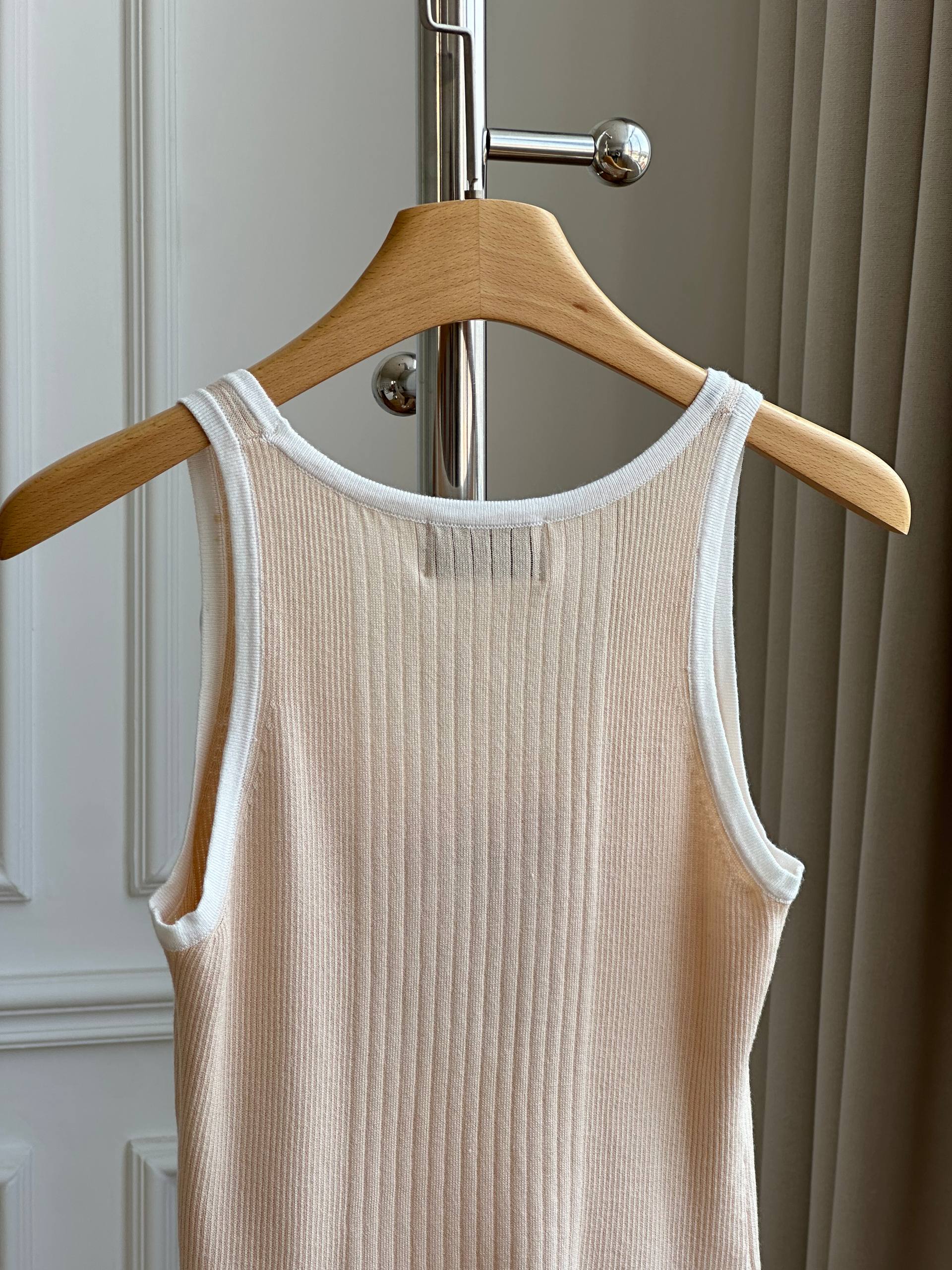 Chanel Contrast Trim CC Crystal Logo Ribbed Knit Tank Top