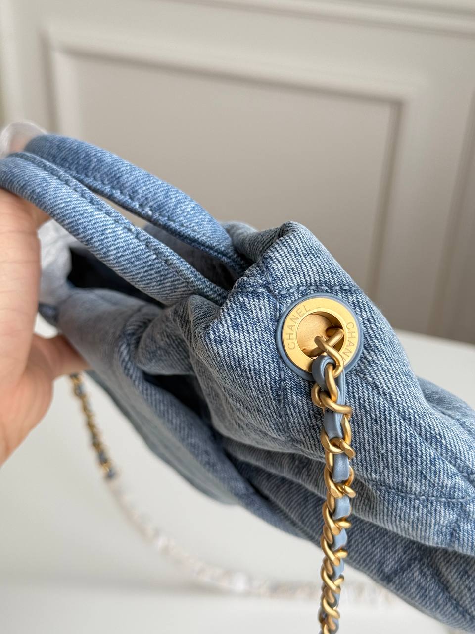 Chanel 25K Quilted Denim Bow Chain Handbag