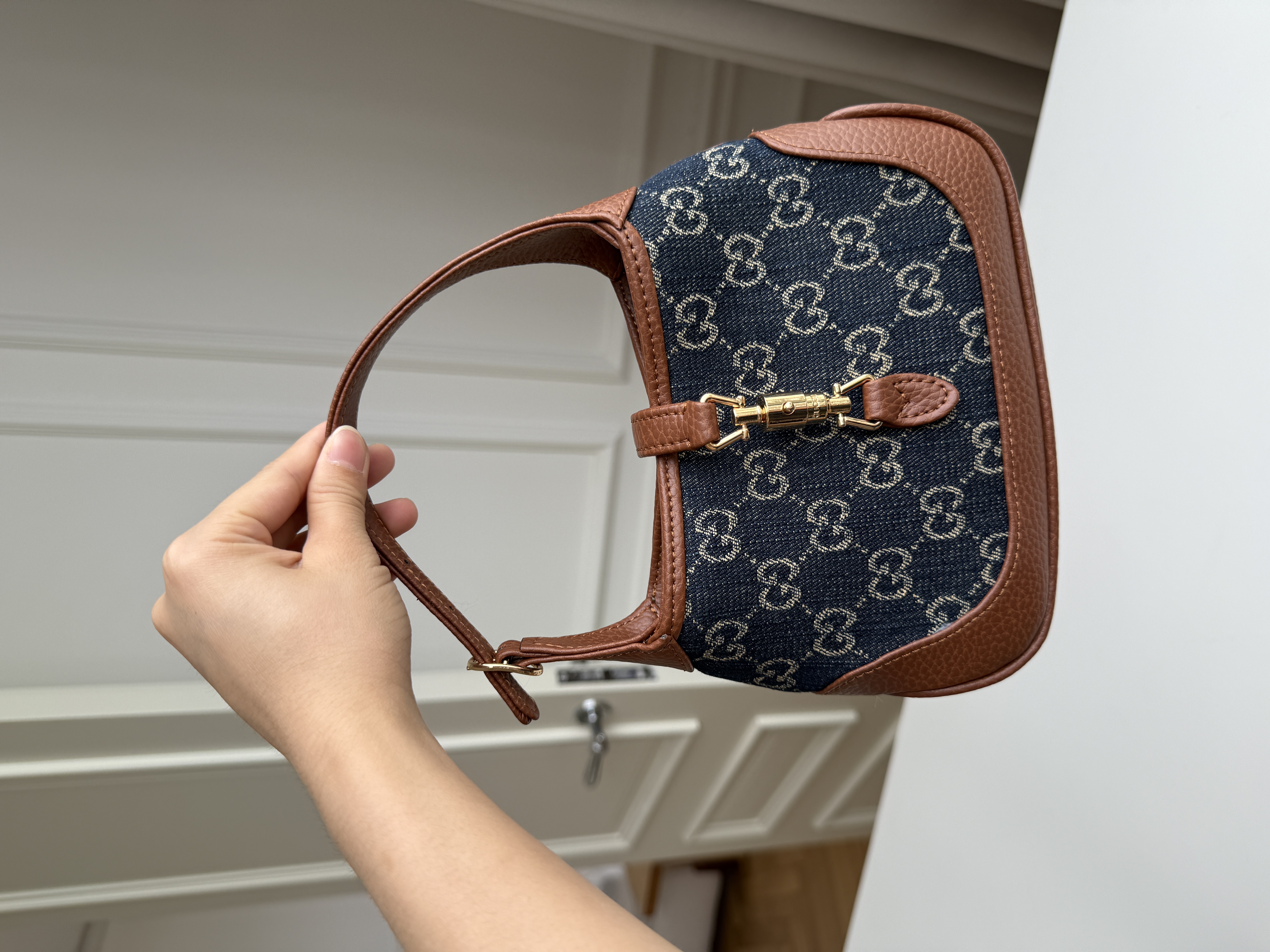Gucci Mini Jackie Denim GG Monogram Leather Trim Hobo Handbag