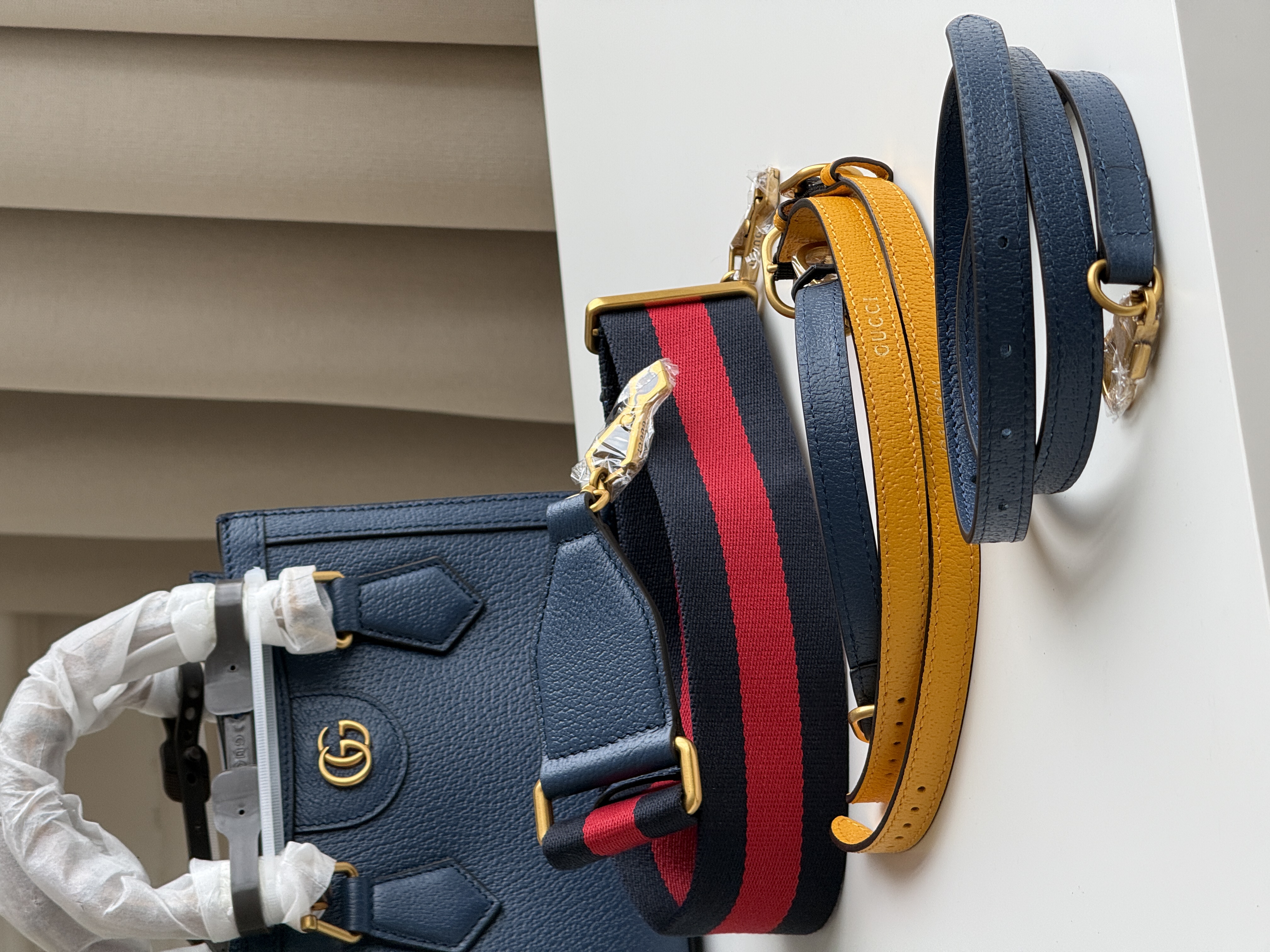 Gucci Dark Blue Pebbled Leather Double G Logo Tote Handbag