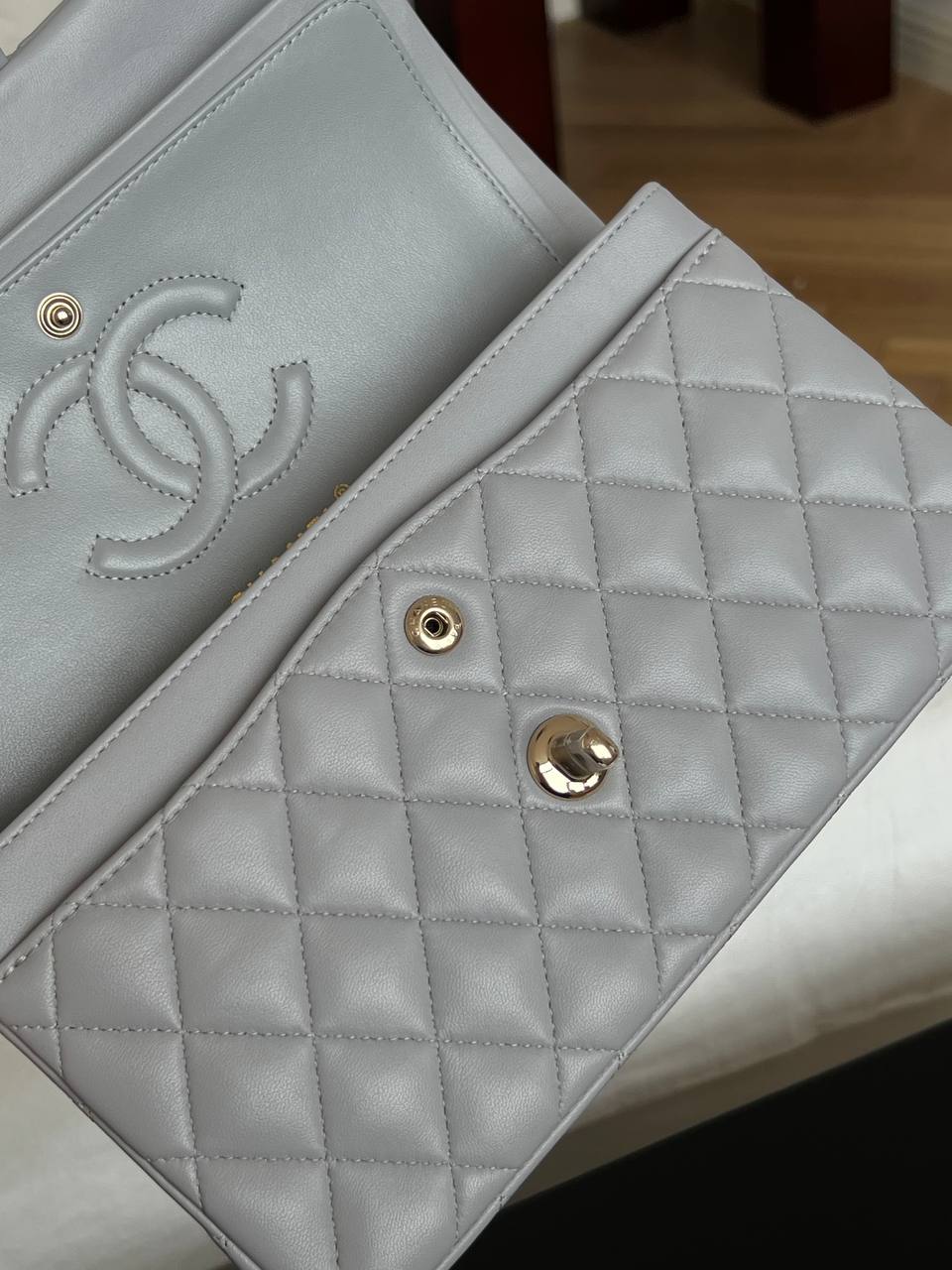 Chanel Light Grey Lambskin Quilted Classic Flap Top Handle Bag