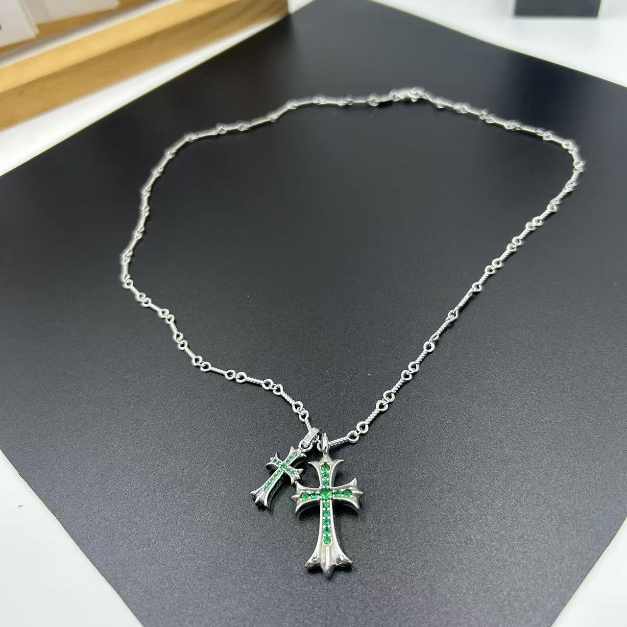 CHROME HEARTS GREEN DIAMOND DOUBLE CROSS LAYERED NECKLACE