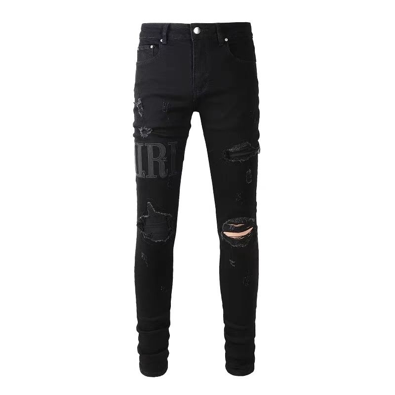 No. 892 Black Leather Letters Ripped Jeans Black