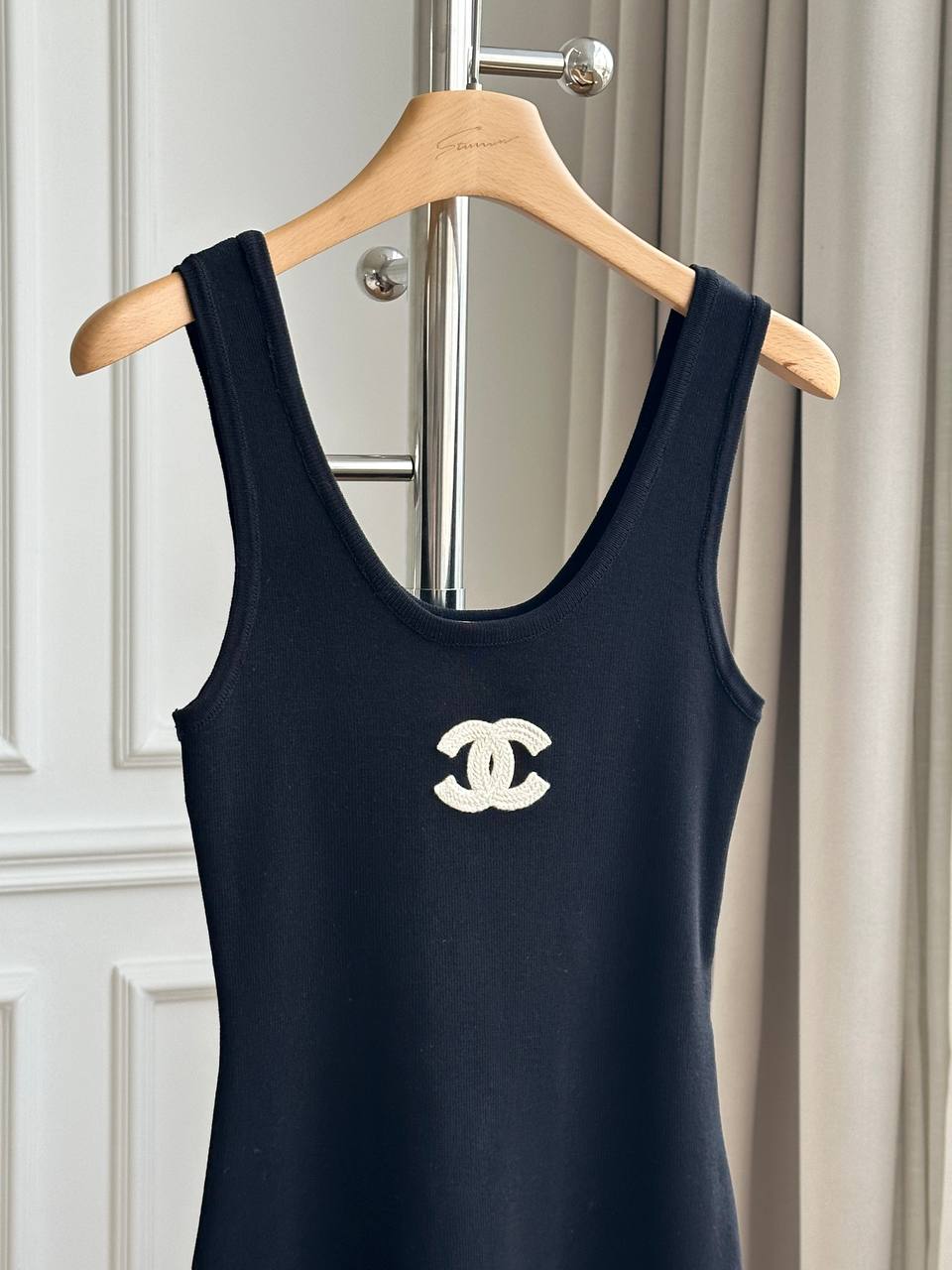 Chanel Black Stretch Knit U-Neck Wide Strap Midi Dress With White Interlocking CC Embroidery Logo