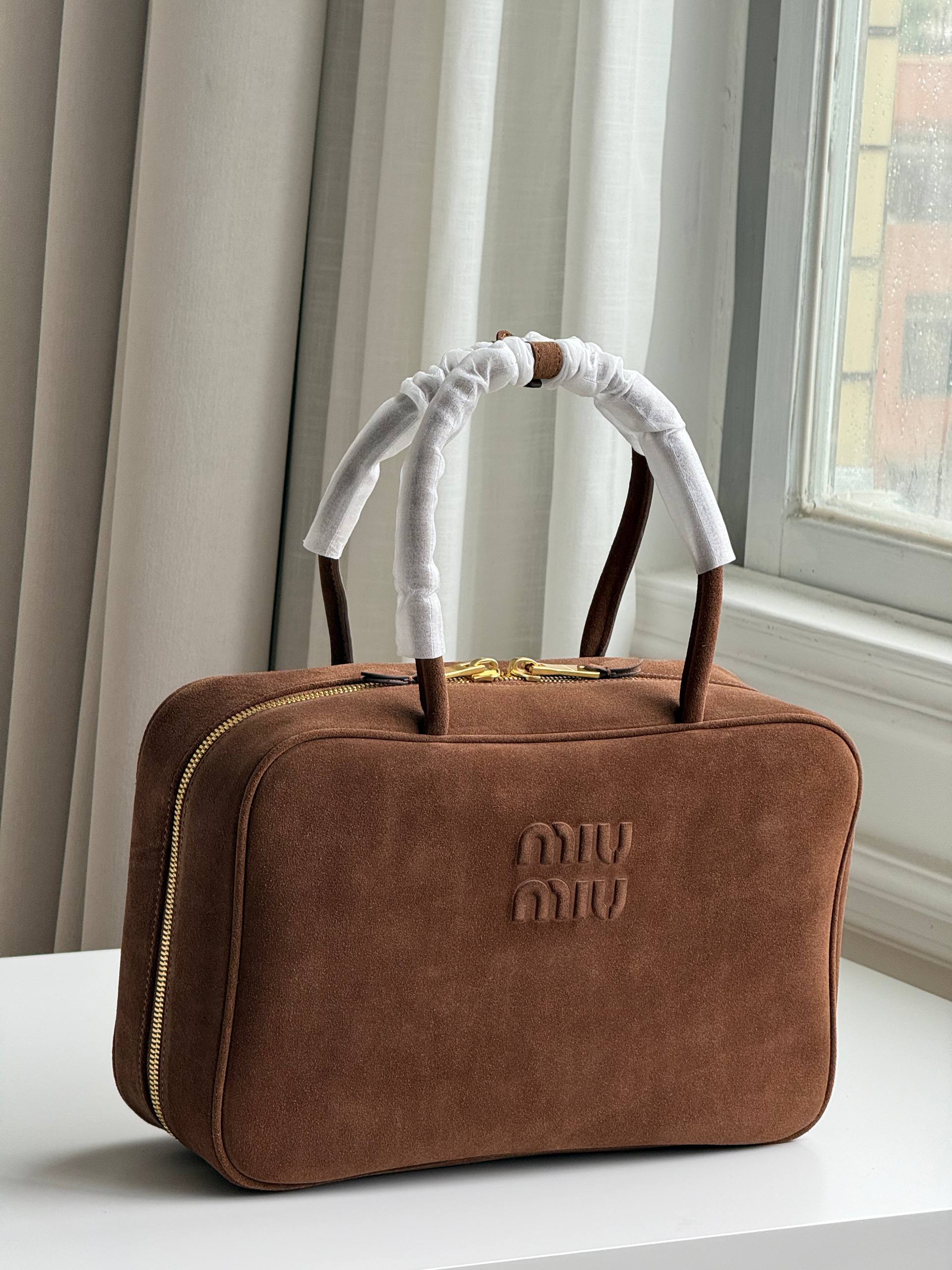 Miu Miu Brown Suede Embossed Logo Handheld Boston Cosmetic Bag