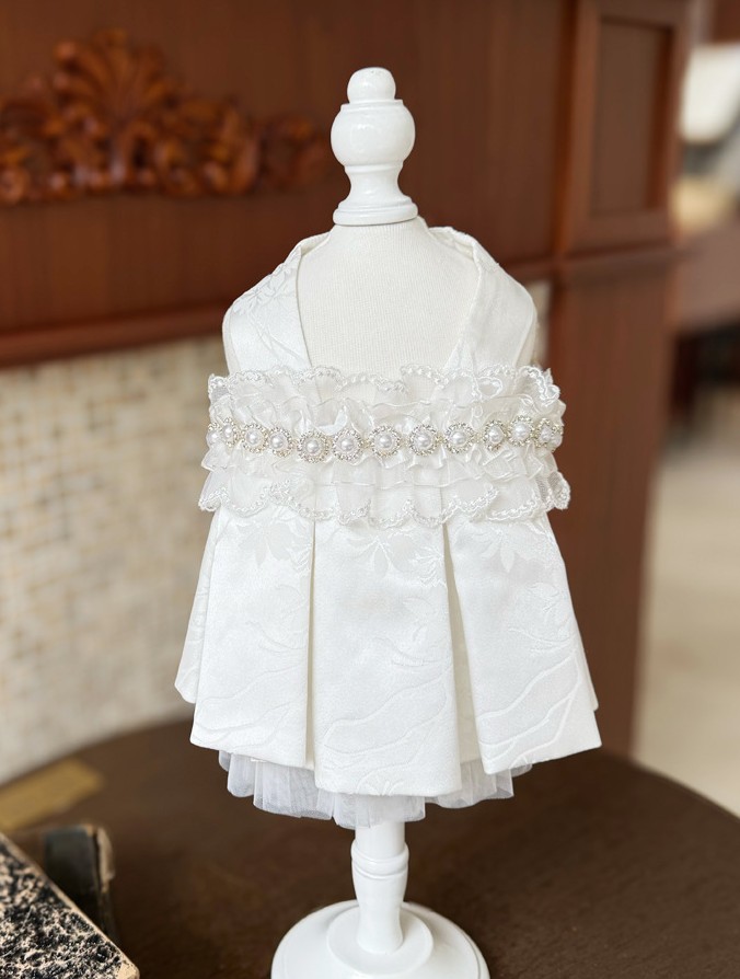 Princess White Elegant Pearl Lace Satin Wedding Dress Formal Outfit for Small Dogs Cats - MAISONKAIRON