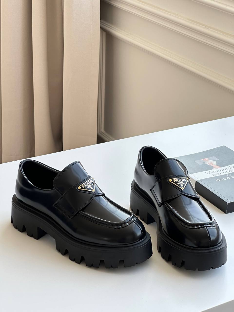 Prada Triangle Logo Brushed Leather Platform Loafers