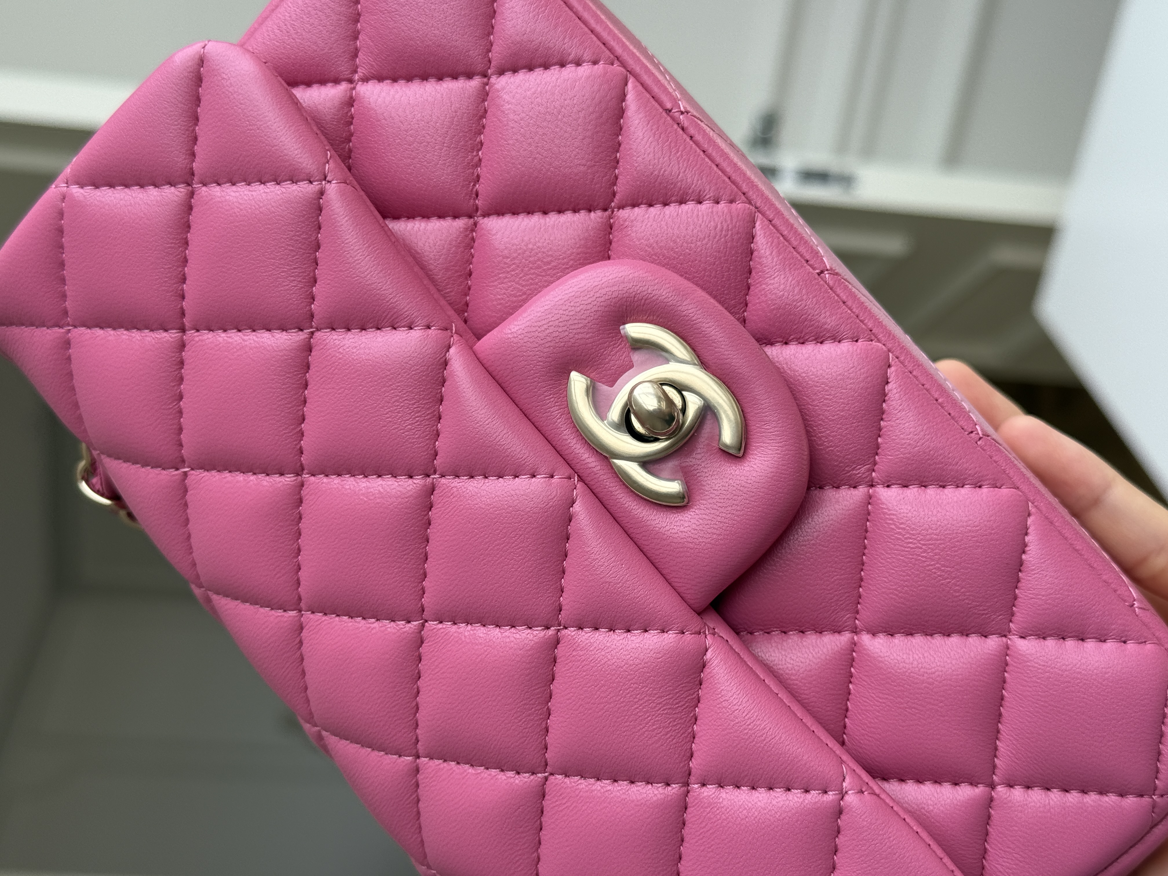 Chanel Hot Pink Lambskin Mini Classic Flap Gold CC Chain Bag
