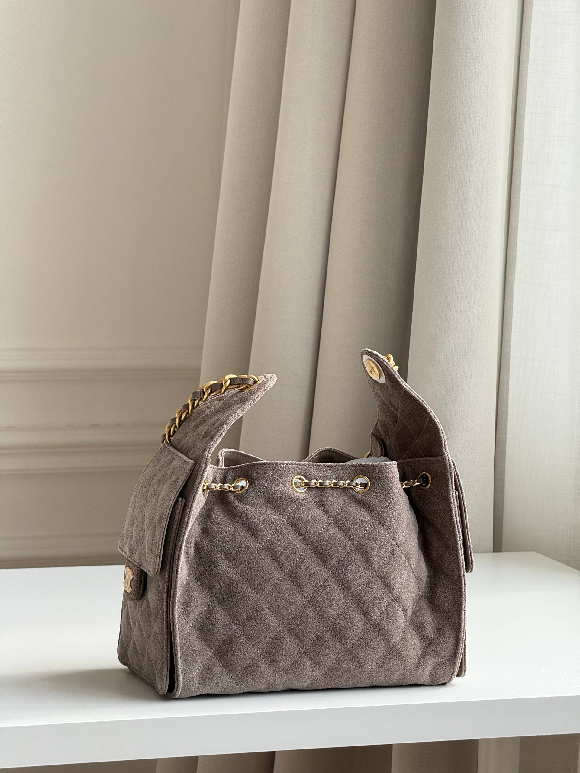 Chanel 25C Suede Quilted Drawstring Hobo Bag