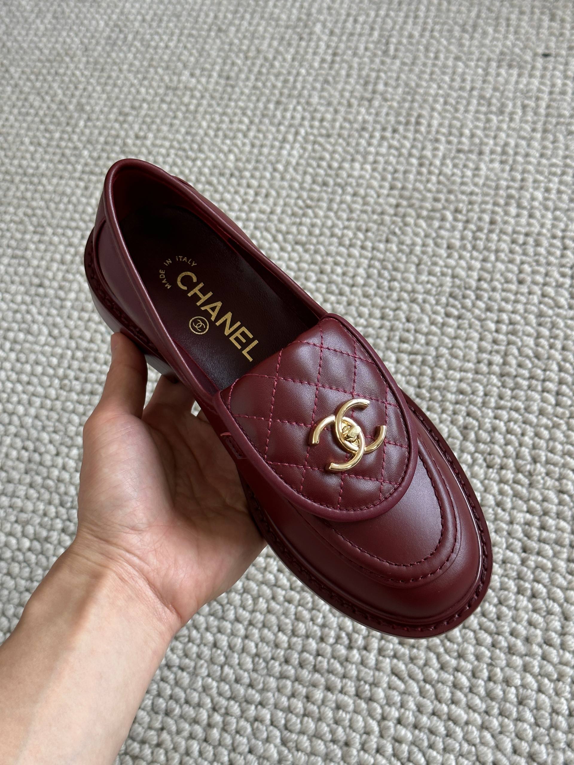 Chanel Burgundy Lambskin Quilted Loafers Flat Shoes