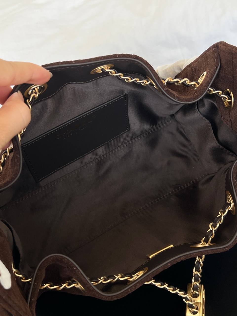 Chanel Dark Brown Suede Diamond-quilted CC Drawstring Tote Chain Bag