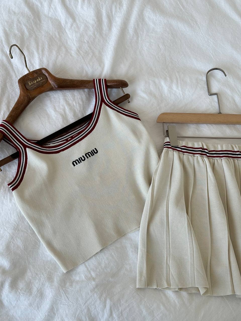 Miu Miu Cream Striped Trim Letter Embroidery Knit Cami Top & High Waist Pleated Skirt Two Piece Set