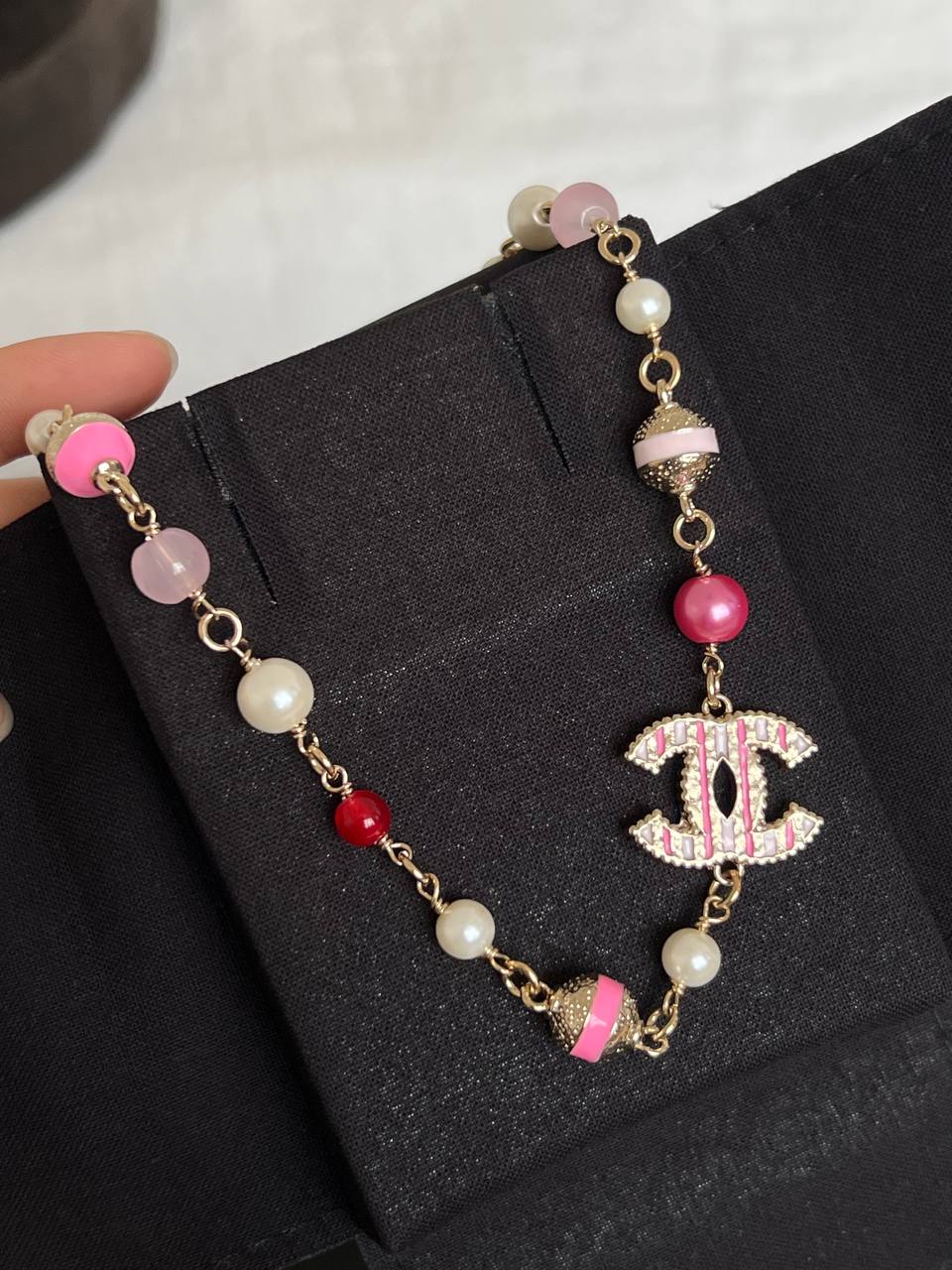 Chanel Light Gold Necklace With Pink Stripe Enamel CC, Pink Beads & Faux Pearls Adjustable