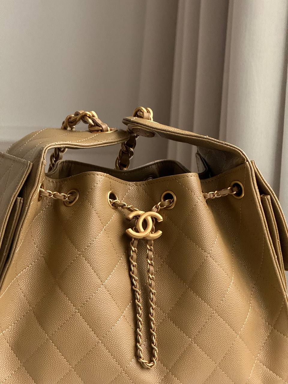 Chanel 25 Caramel Caviar Quilted Drawstring Bucket Bag