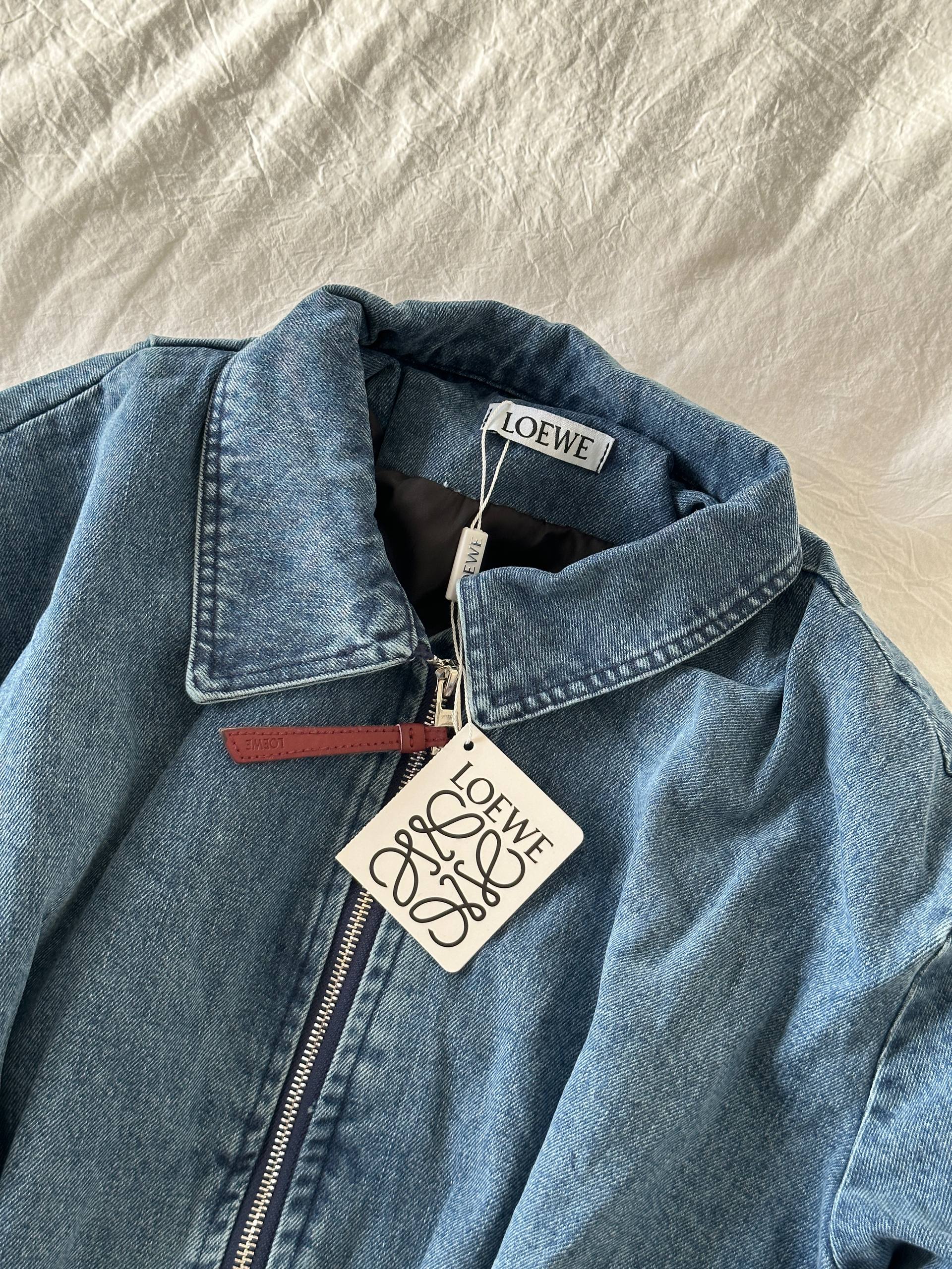 Loewe Washed Denim Gathered Waist Zip Bomber Jacket