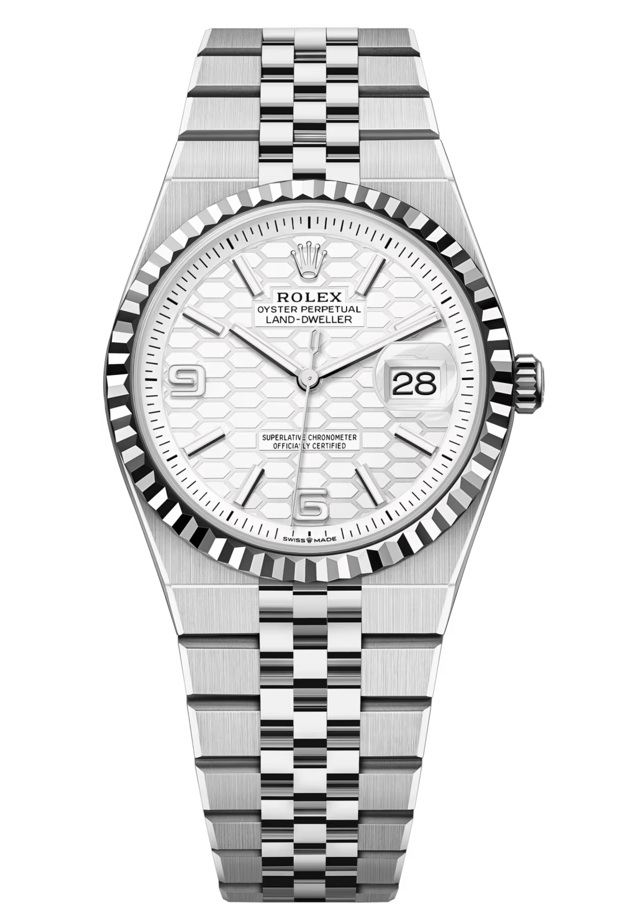 Rolex Land-Dweller 36mm Fluted Bezel White Honeycomb-Motif Dial Flat Jubilee - 127234 - New 2025【1:1 Replica】