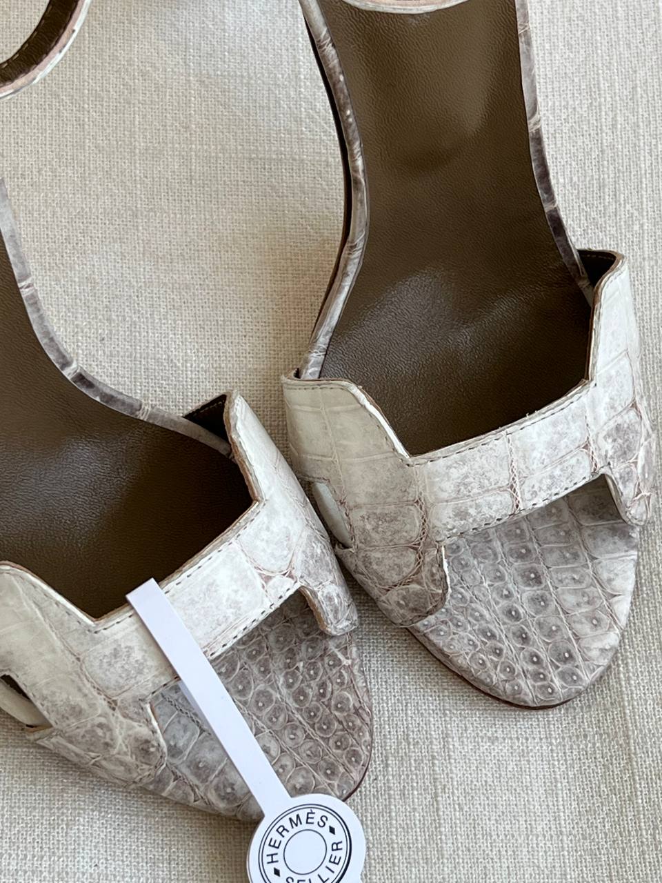 Hermès Himalaya Croc Embossed Cutout Stiletto Ankle Strap Sandals