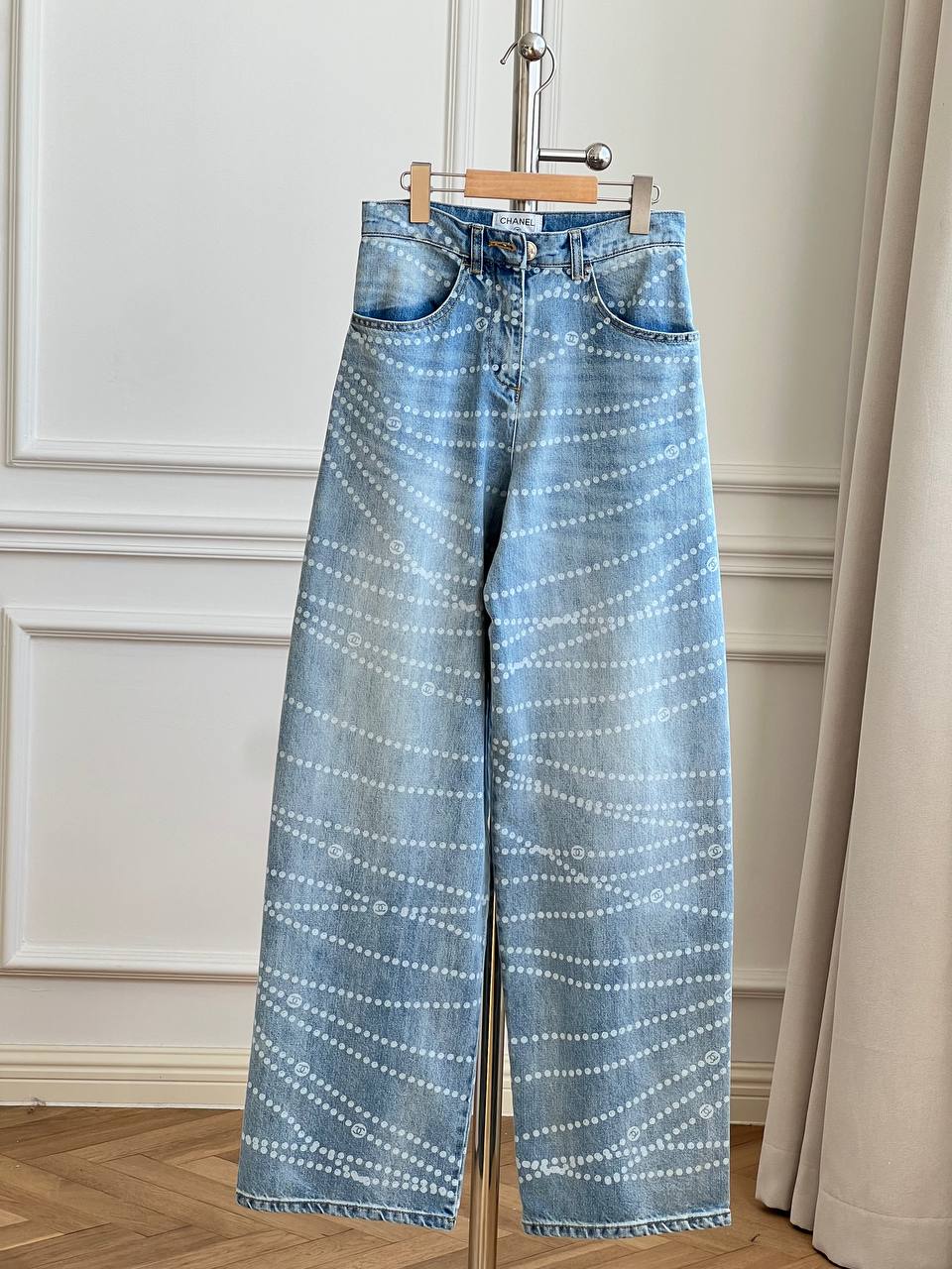 Wave Dot Printed High Waist Wide Leg Washed Denim Jeans