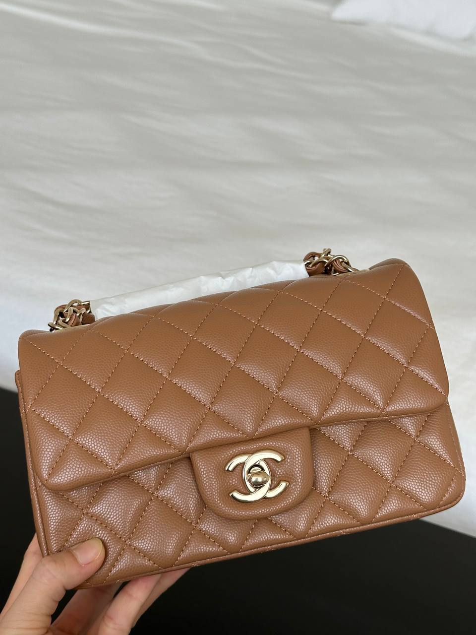 Chanel Milk Tea Caviar Leather Classic Flap Medium Light Gold Hardware Bag