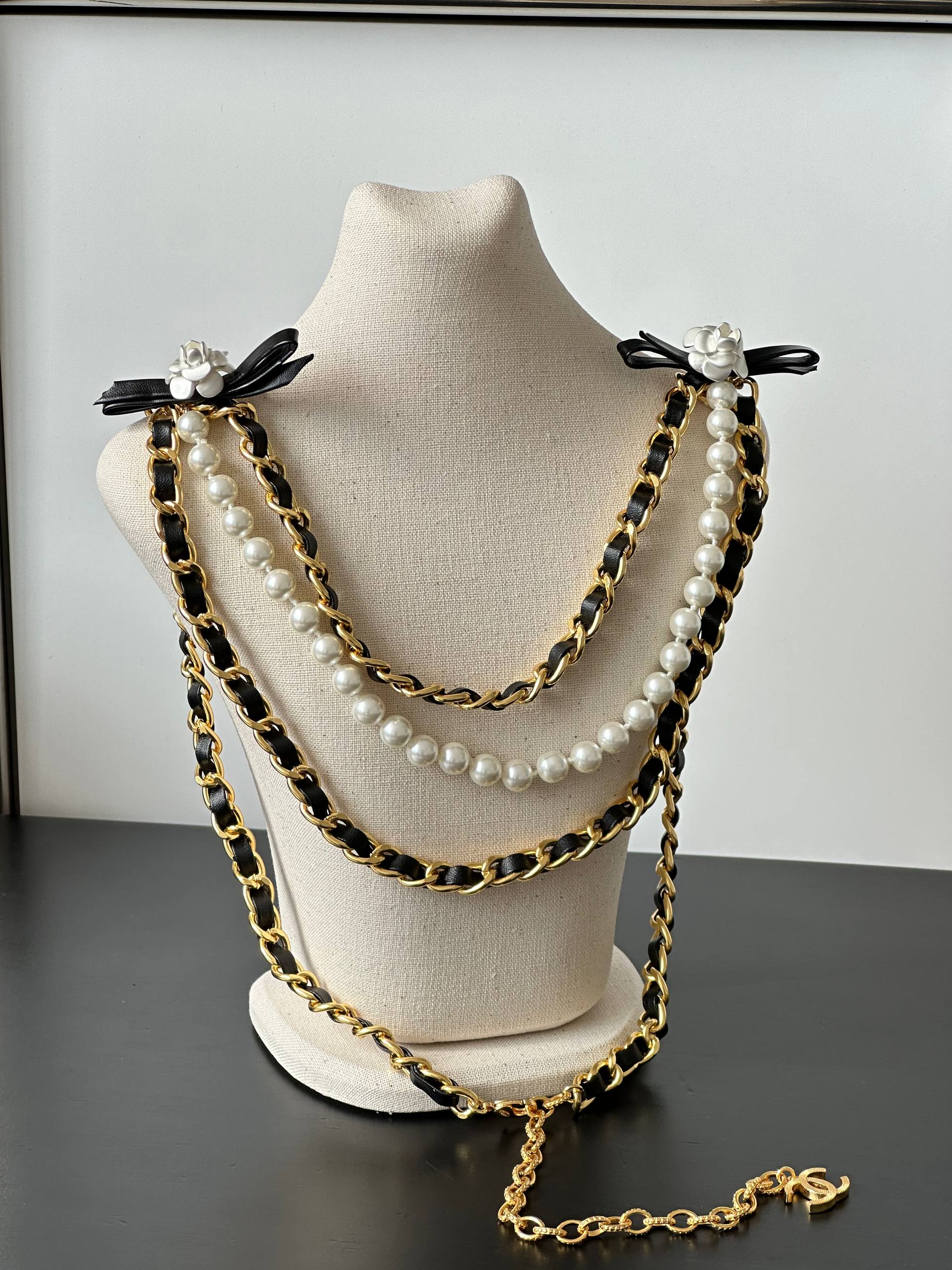 Chanel Camellia Bow Leather-Woven Chain Pearl Multi-layer Waist Chain & Long Necklace Dual-purpose