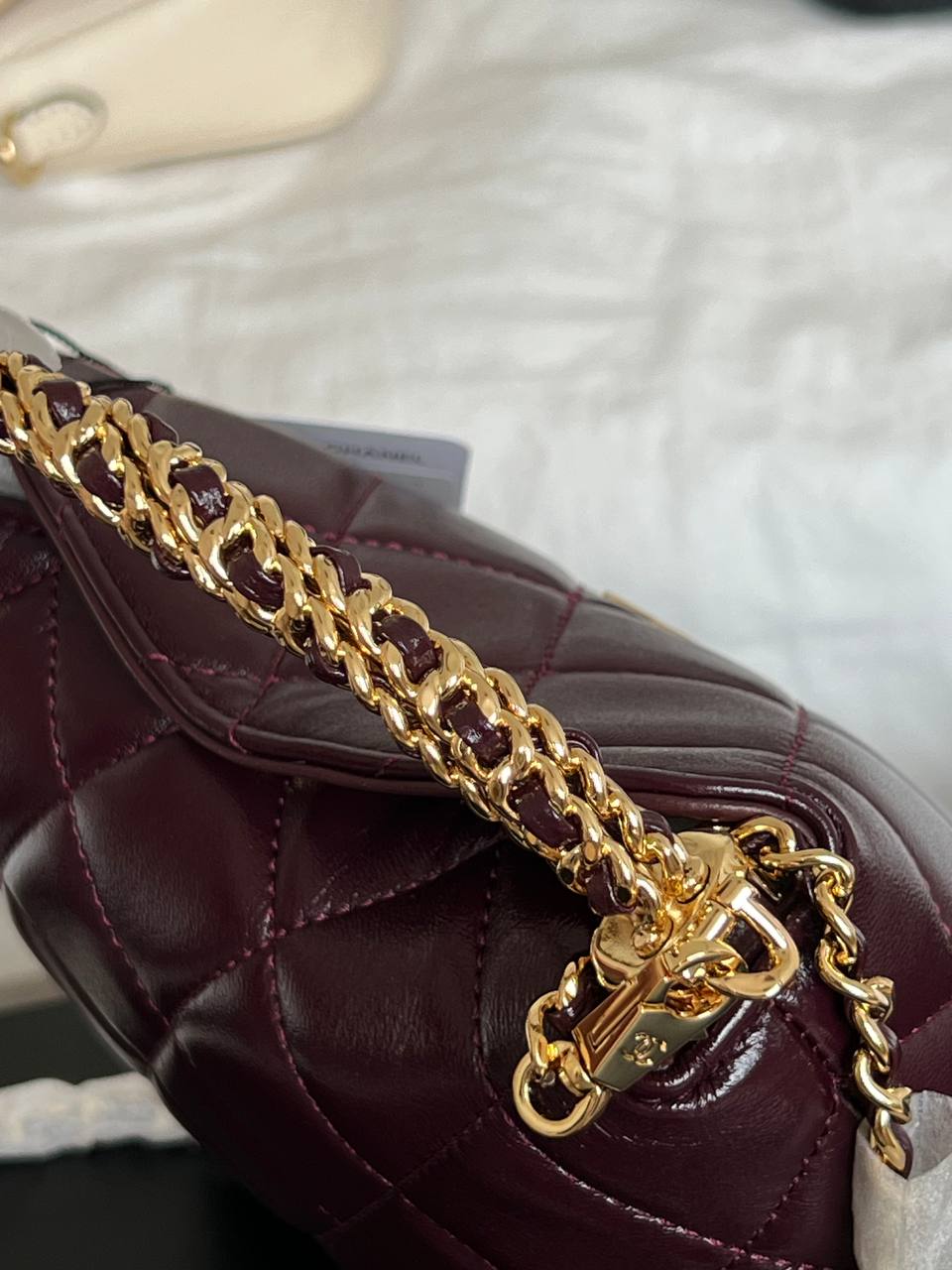Chanel Burgundy Shiny Wax Leather Quilted Hobo Bag With Braided Chain Handle & Gold CC Logo