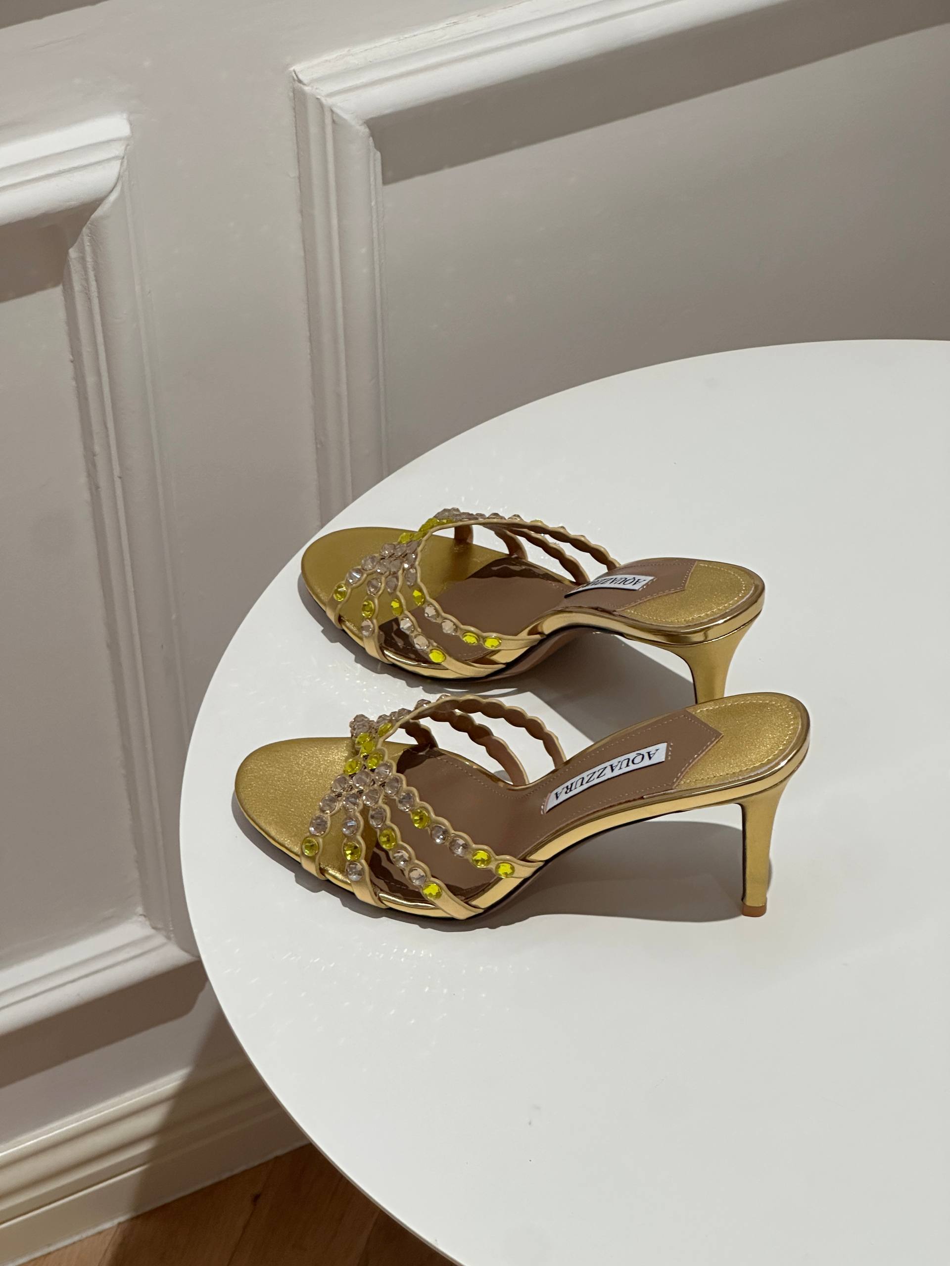Aquazzura Tequila Mule 75 Crystal-Embellished Gold Leather Sandals