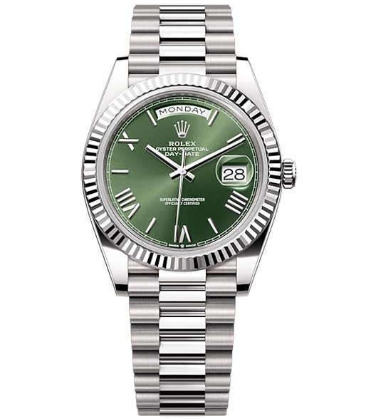 Rolex Day-Date 40 Presidential Olive green dial, Fluted Bezel, President bracelet, White gold Watch【1:1 Replica】