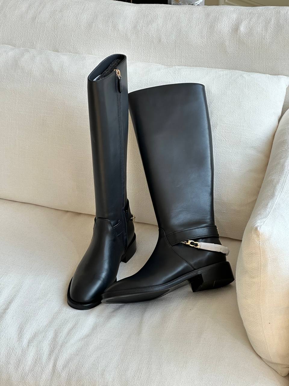 Black Smooth Leather Metal Buckle Side Zip Low Heel Knee-High Riding Boots