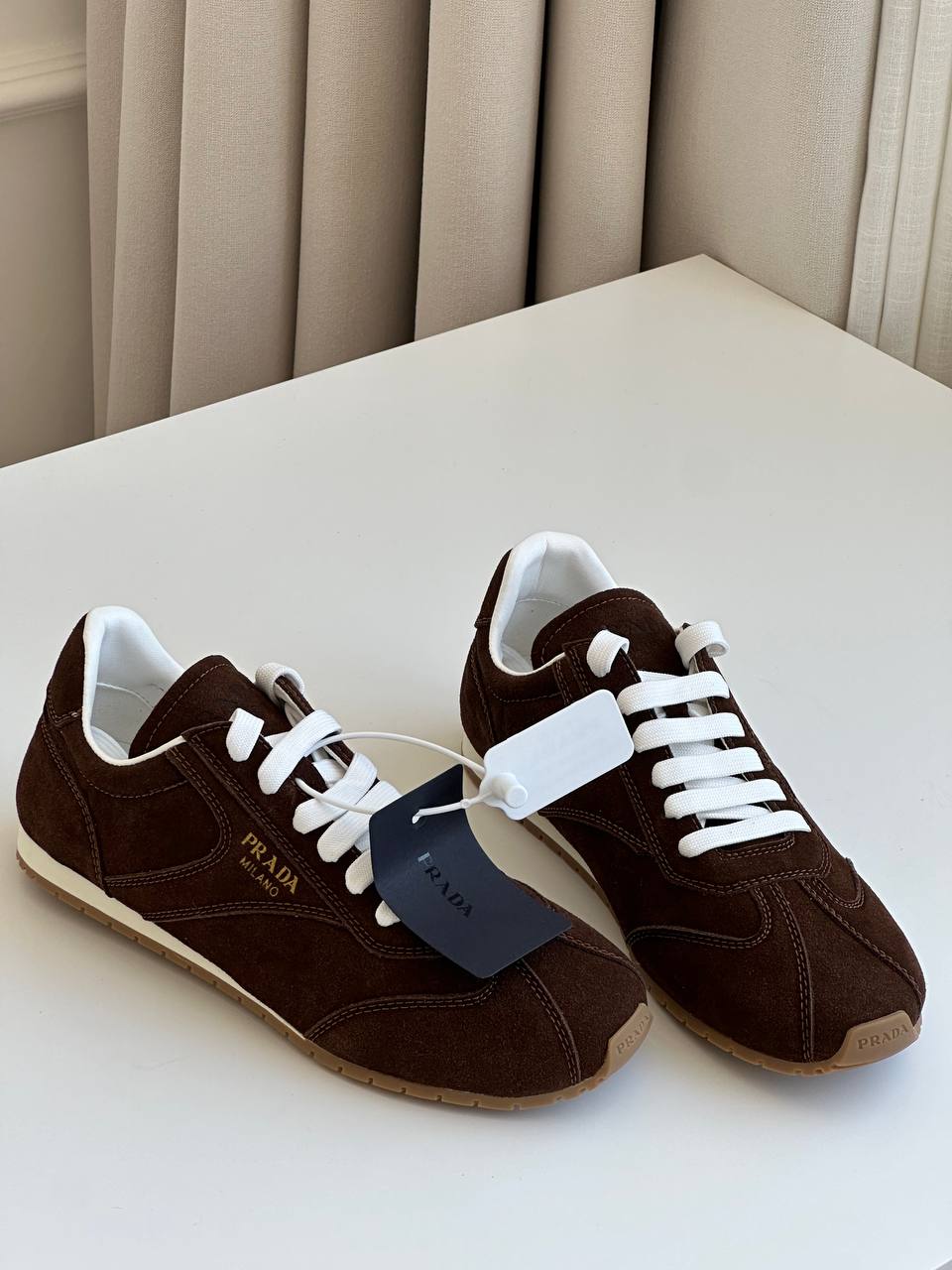 Prada Dark Brown Suede Leather Gold Letter Vintage Trainer Sneakers