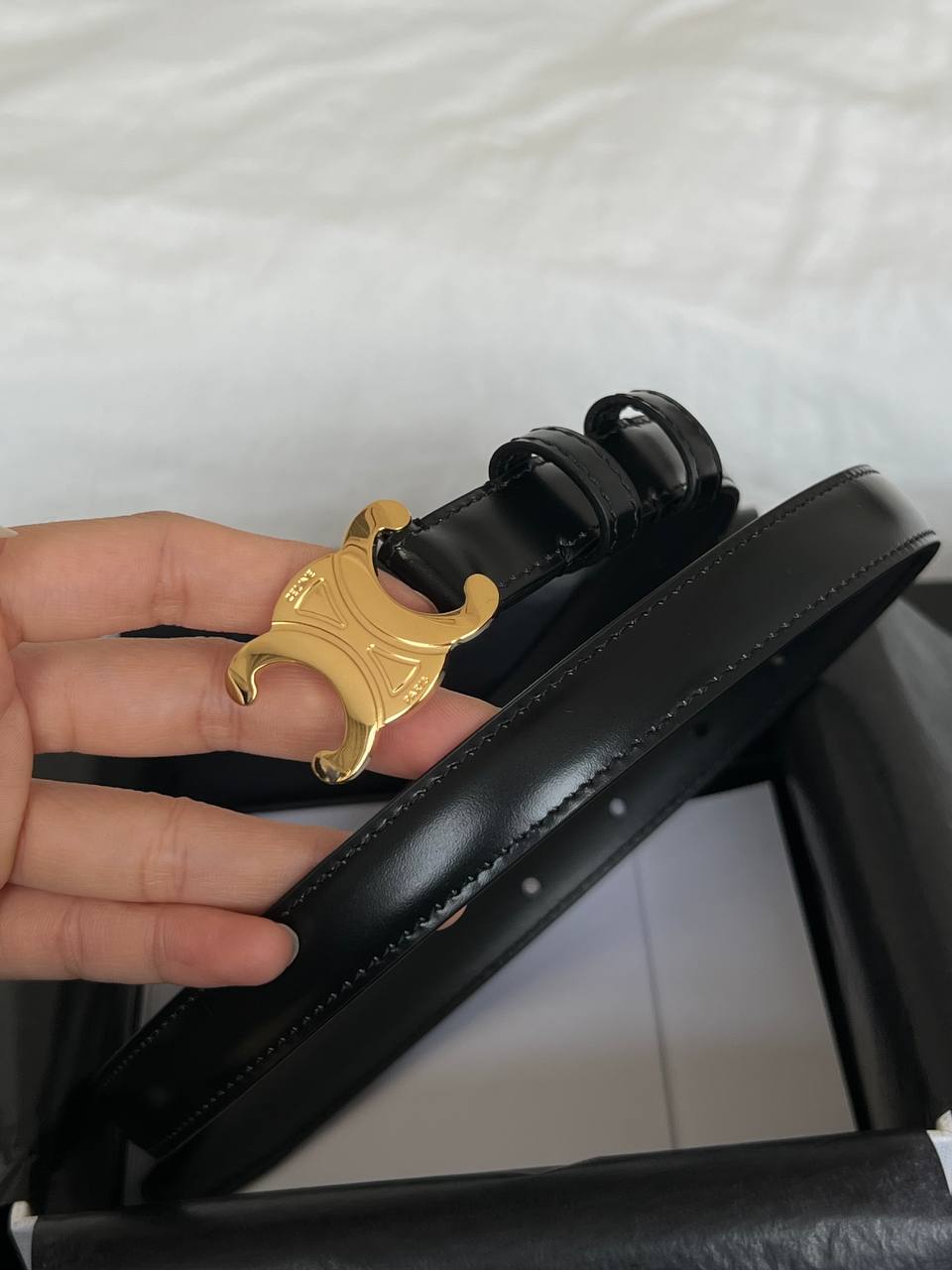 Celine Black Shiny Calfskin Triomphe Gold Buckle Belt For Women