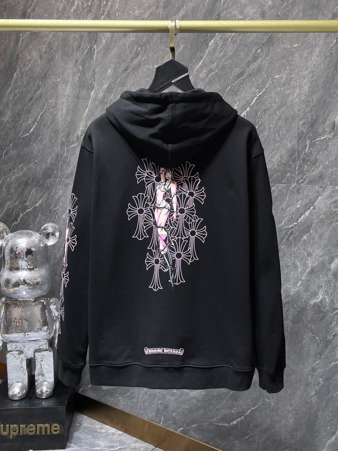 Chrome Heart Cross Sanskrit Letter Print Zipper Hoodie Loose Sweatshirt