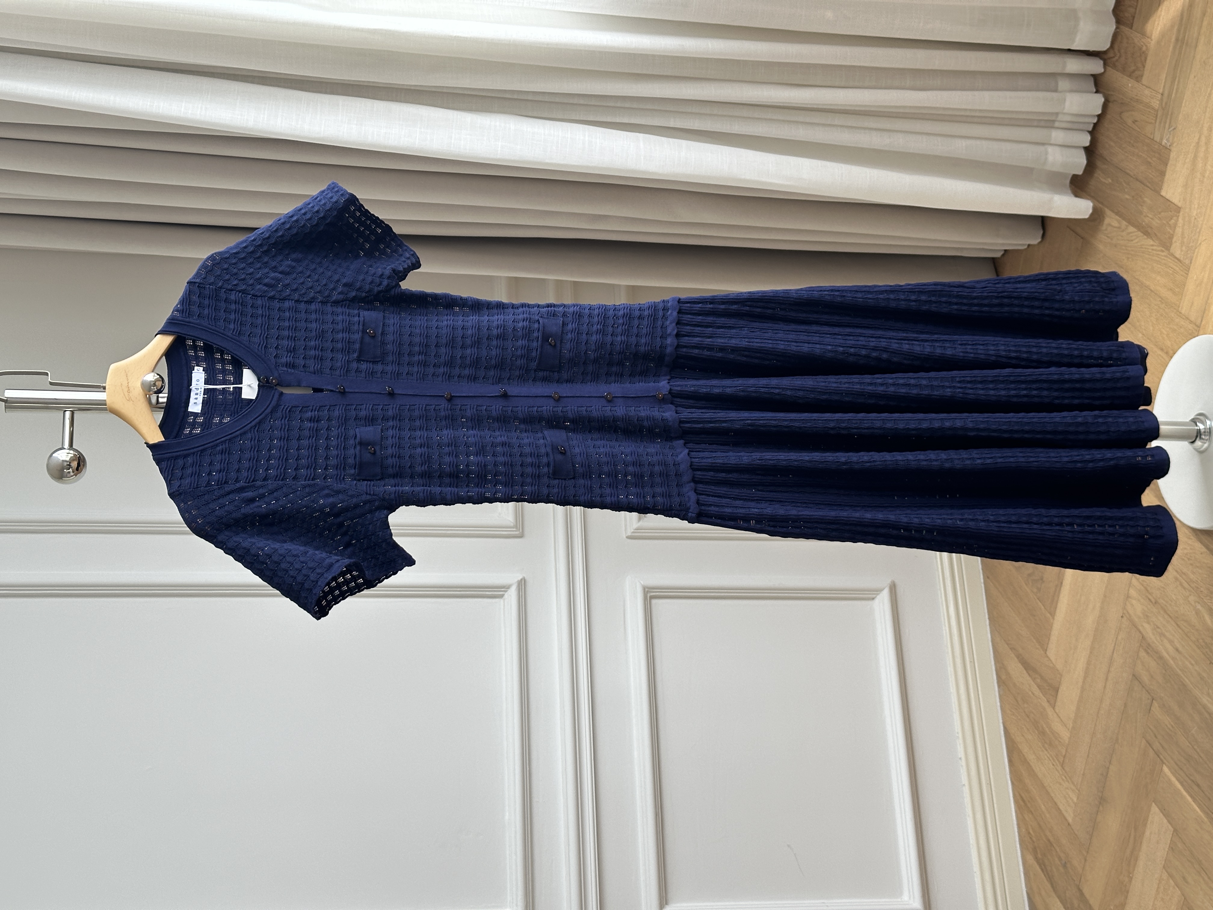 Round Neck Hollow Mesh Single-breasted Spliced Knit Maxi Dress