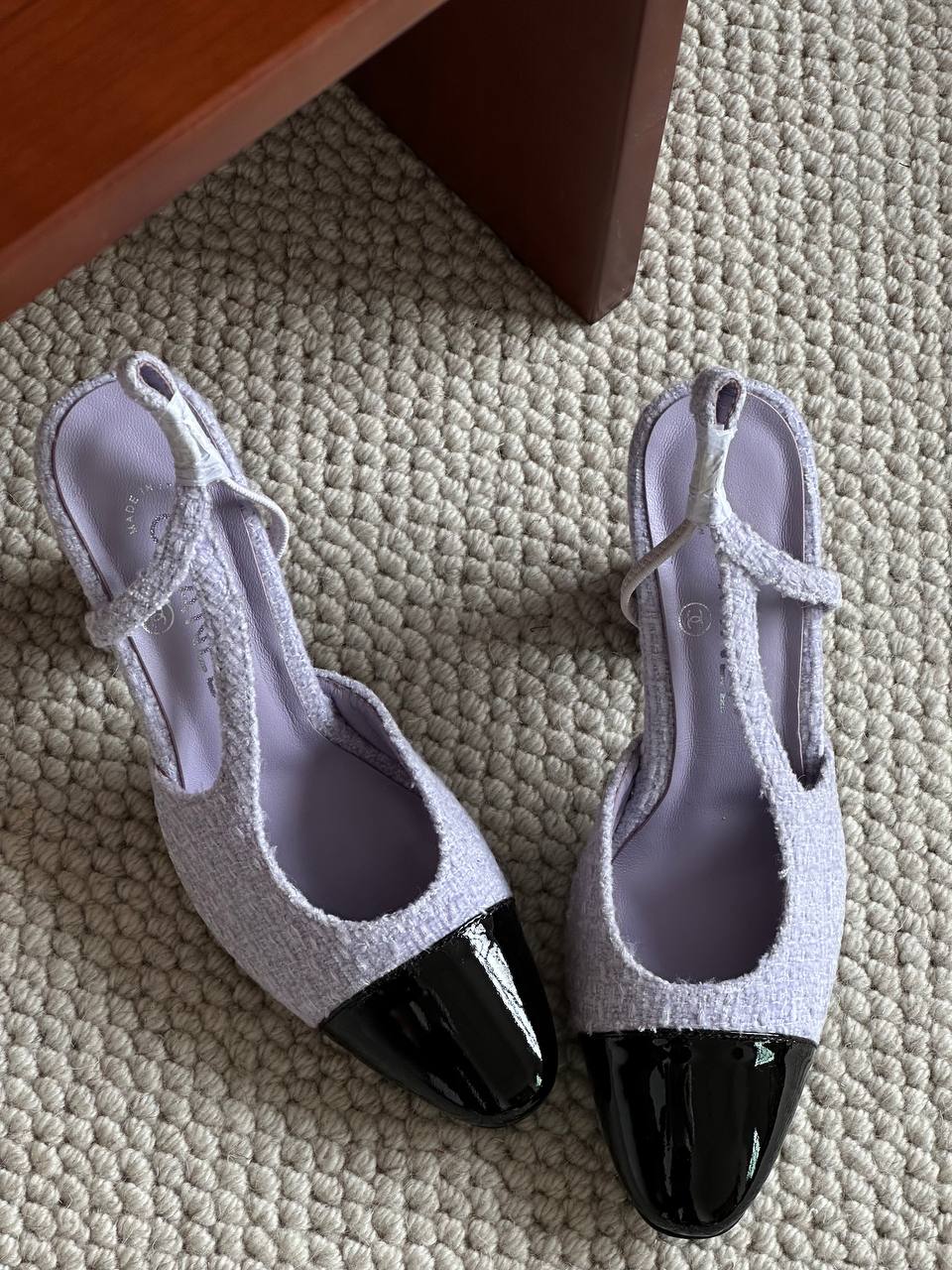 Chanel Light Purple Tweed & Black Patent Leather Pointed Slingback Block Heels