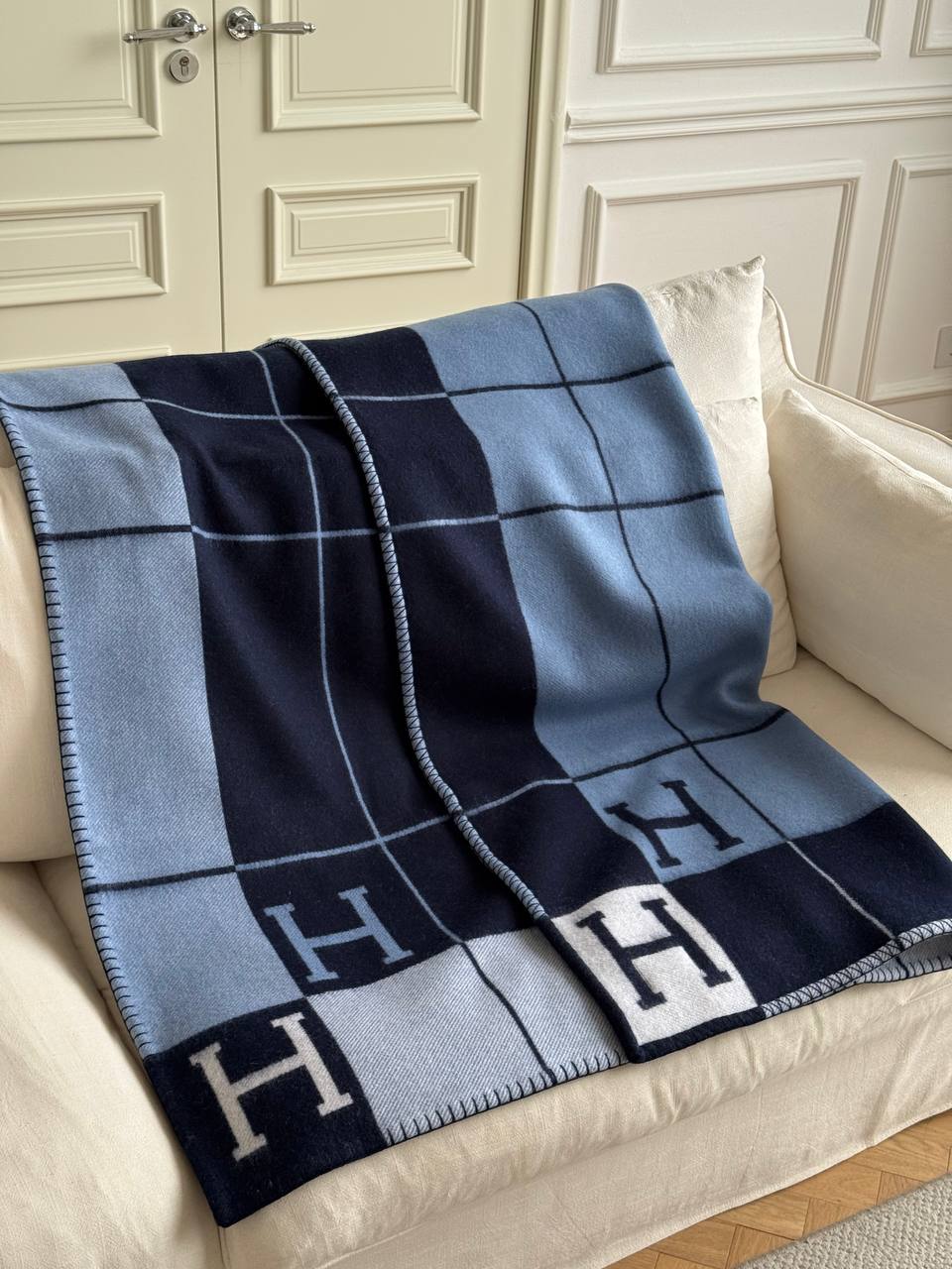 Hermès Avalon Blanket (H Check Wool-Cashmere Throw, Blue Colorway