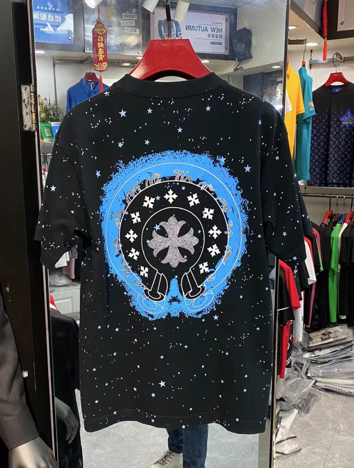 Chrome hearts black and white blue logo full blue star tees