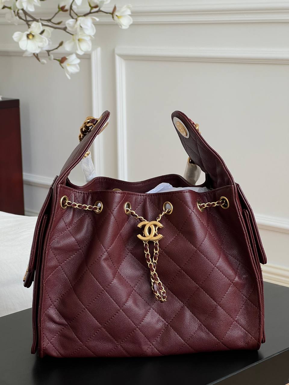 Chanel Burgundy Caviar Leather Quilted CC Drawstring Chain Tote Bag