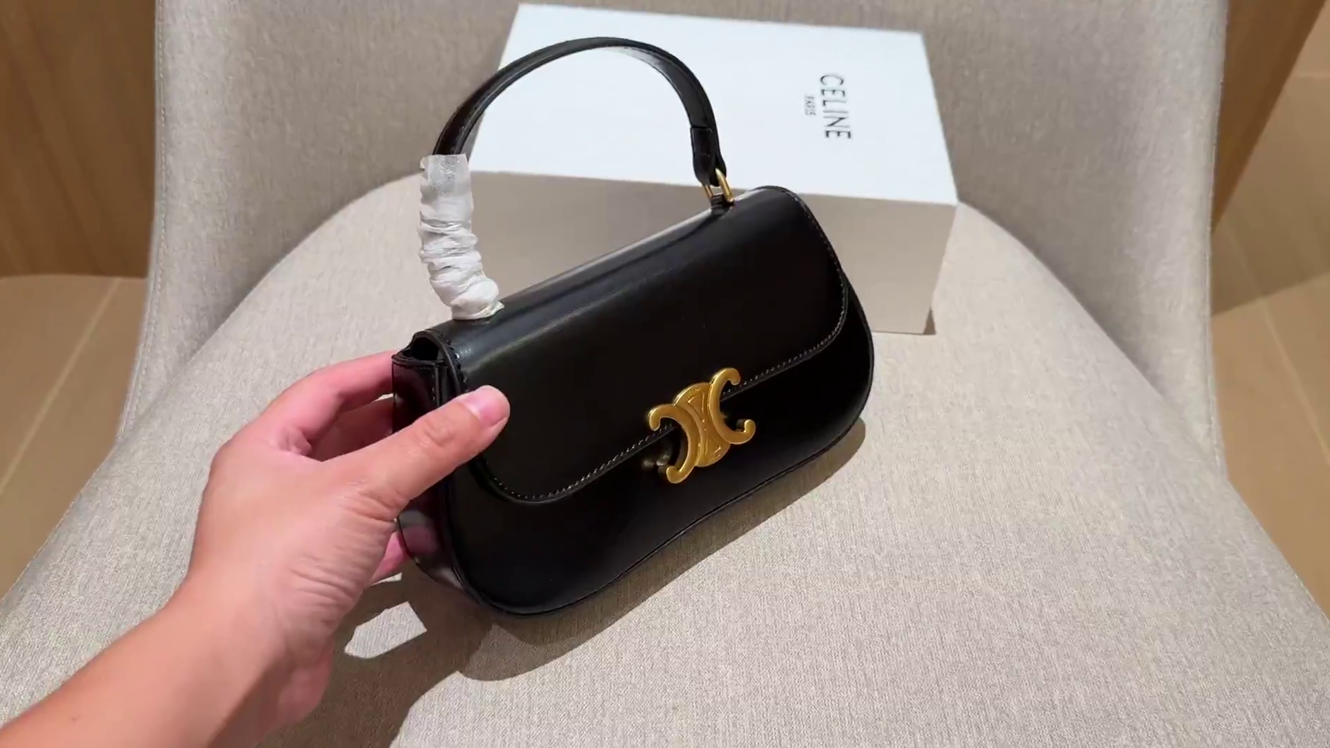 Celine Classic Flap Handbag in Black with Gold Logo