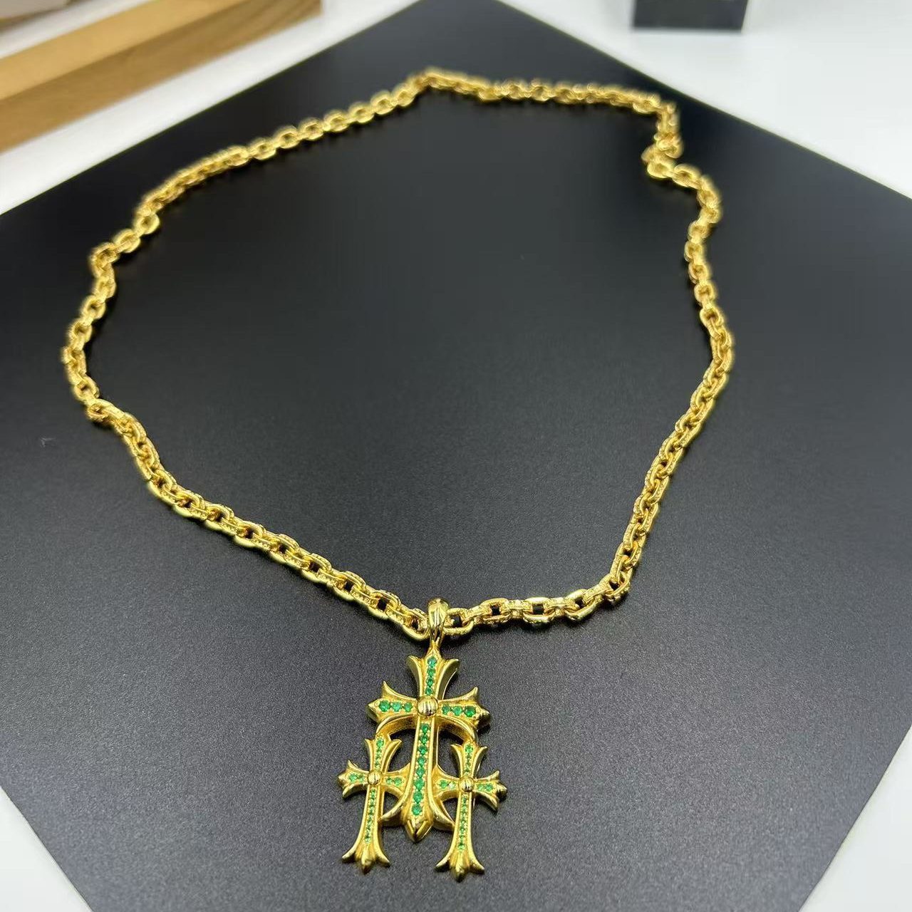 CHROME HEARTS 22K GOLD GREEN DIAMOND TRIPLE CROSS NECKLACE