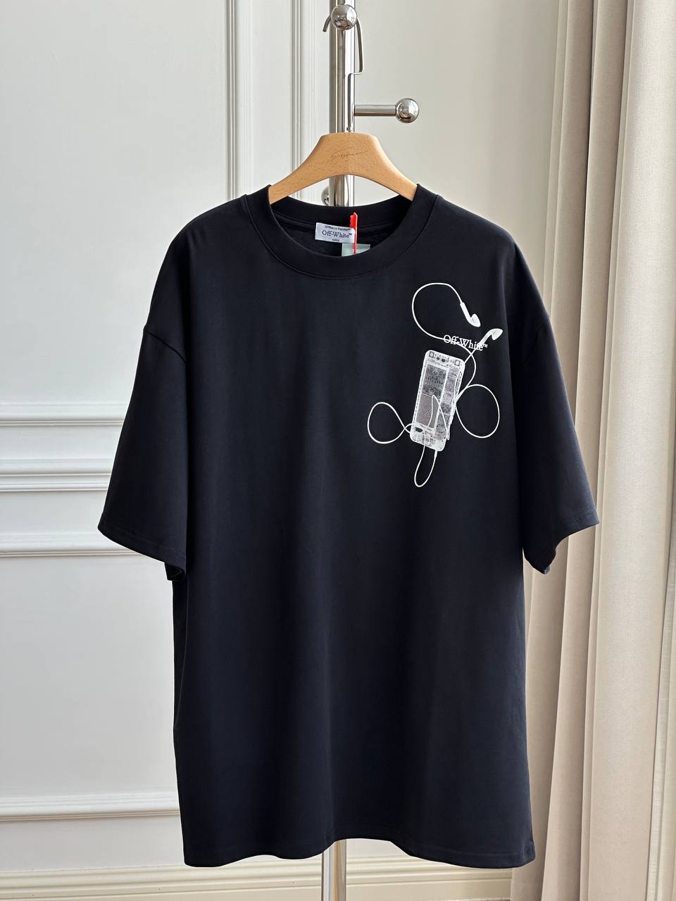 Off-White Black Vintage Cassette Earphone Print Crew Neck Oversized Short Sleeve T-shirt