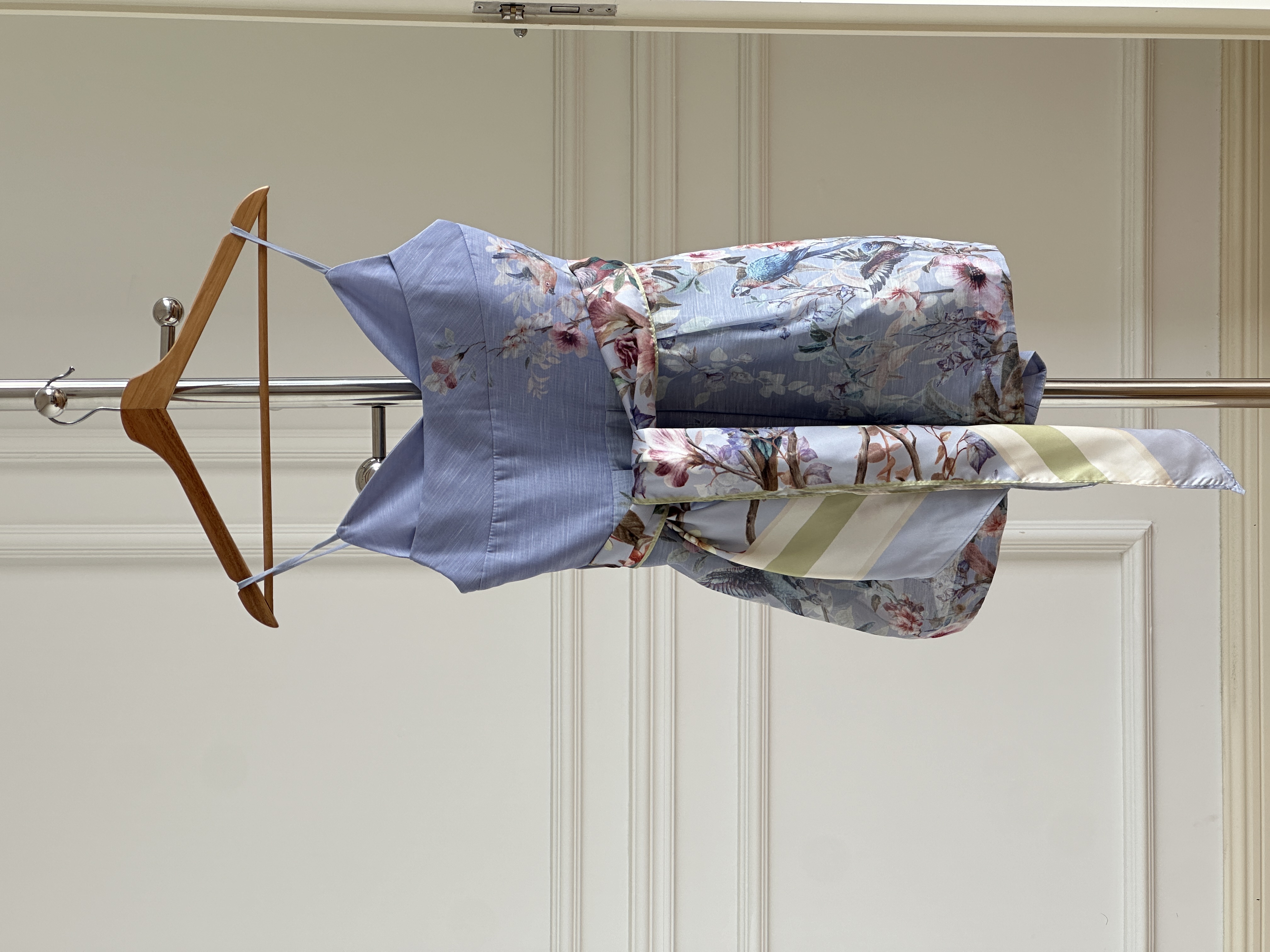 Haze Blue Vintage Floral Bird Print V-Neck Thin Strap Jumpsuit Shorts With Contrast Sash Belt
