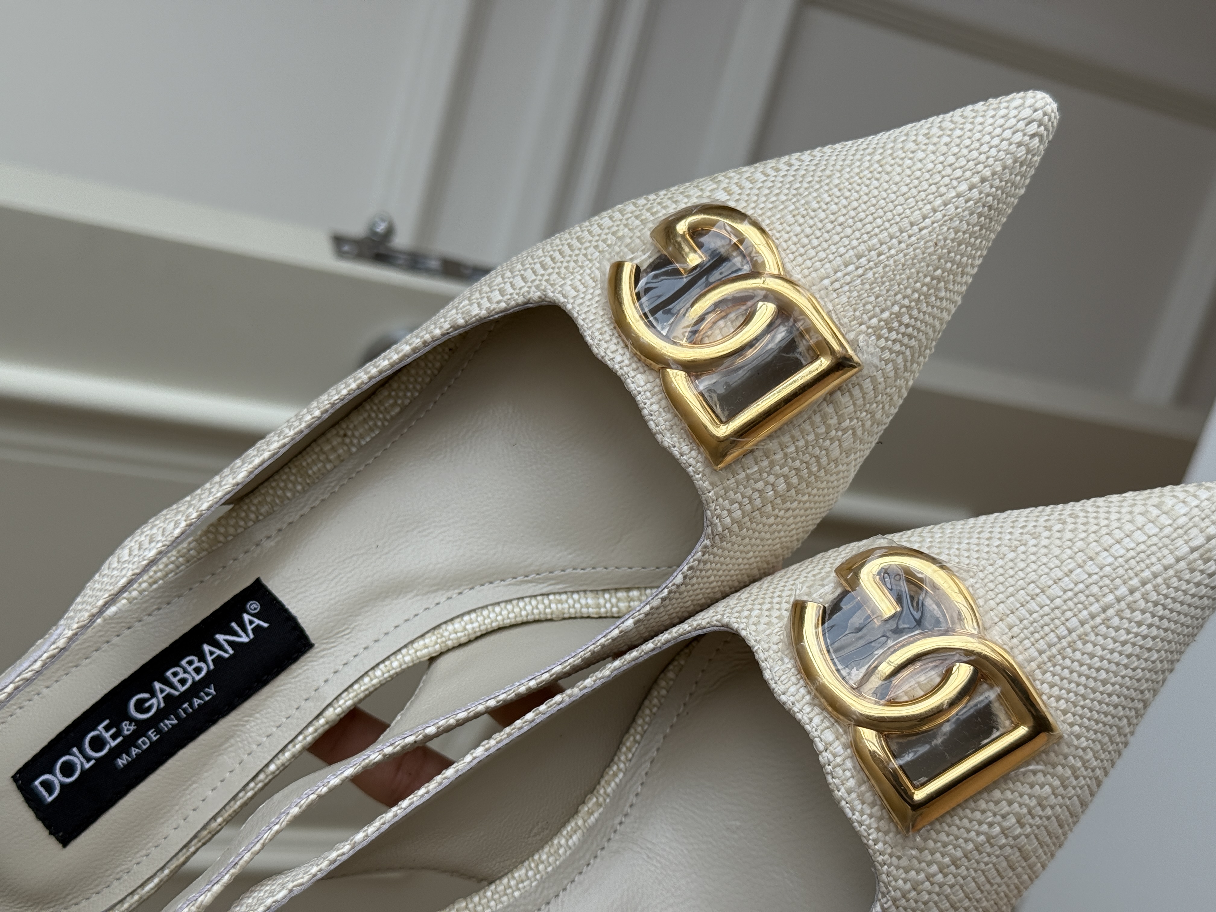 Dolce & Gabbana Off-White Woven Fabric Pointed DG Logo Slingback Heels