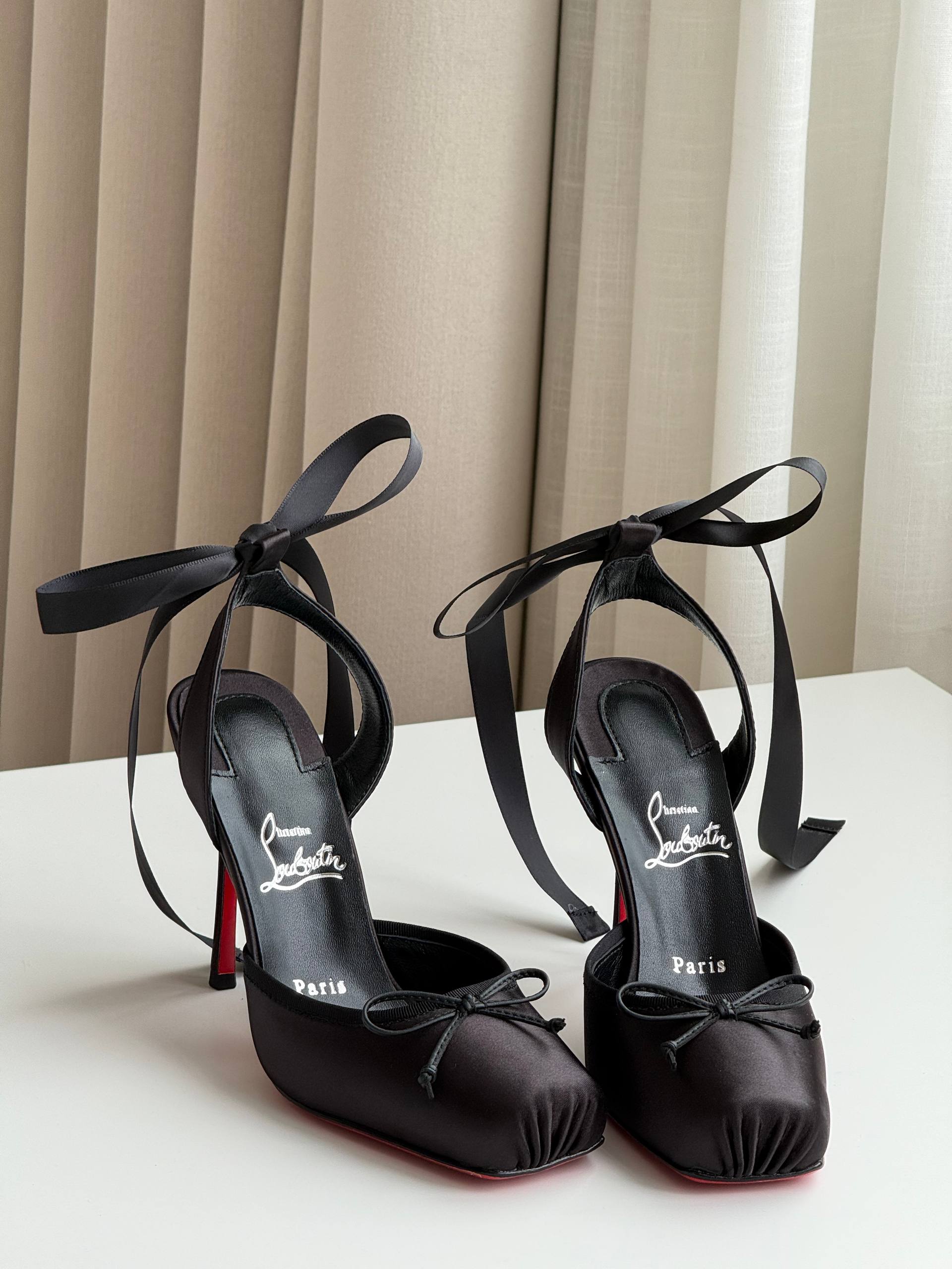 Christian Louboutin Black Satin Front & Ankle Bow Red Sole Slingback Heels
