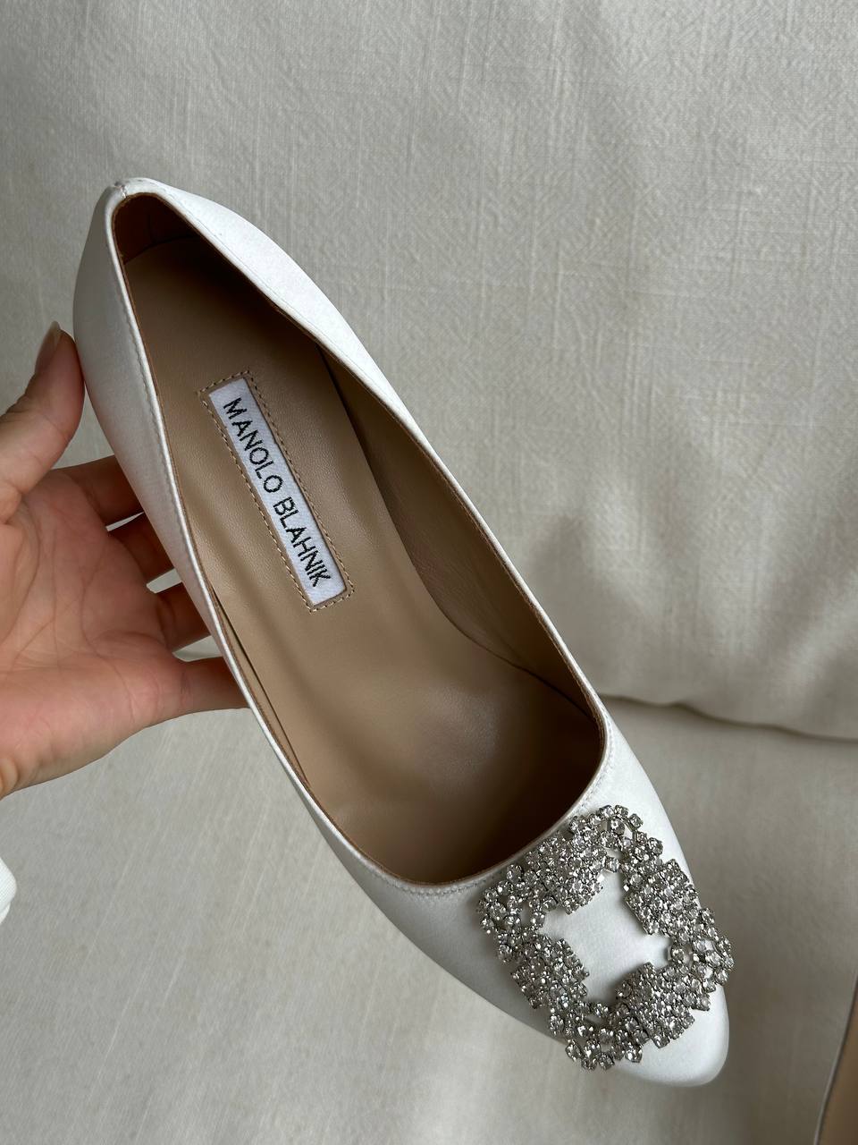 Manolo Blahnik White Satin Crystal Square Buckle Pointed Toe Stiletto Pumps