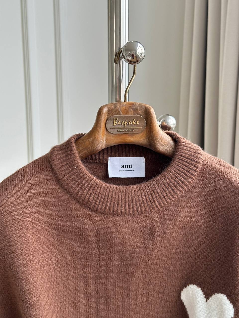 AMI Caramel Brown Crew Neck White Big Heart A Logo Oversized Wool Sweater